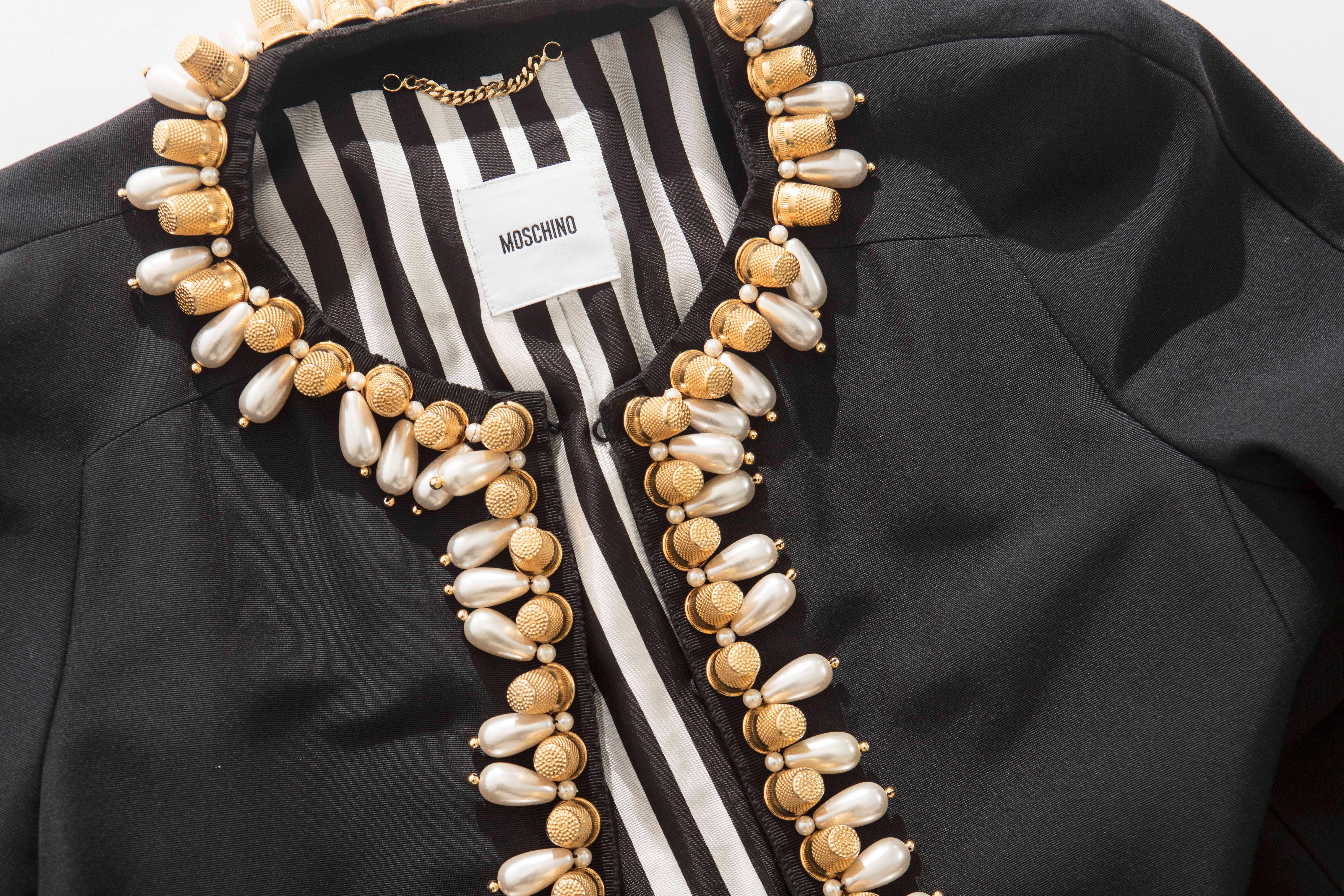 Jeremy Scott for Moschino Black Cotton Silk Jacket With Thimble Pearl Adornments For Sale 2