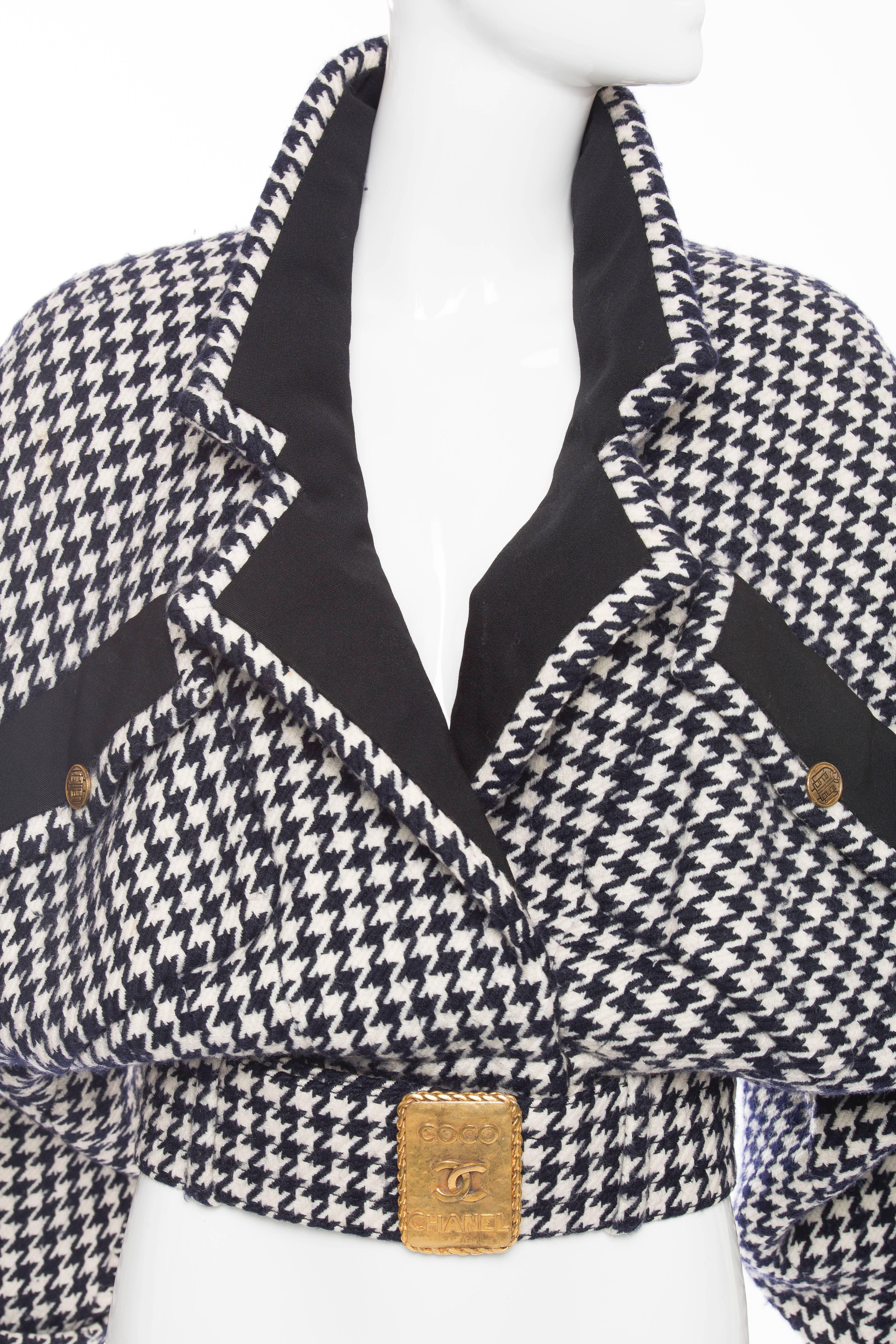 Chanel Haute Couture Houndstooth Jacket With Bronze CC Buckle Belt, Circa 1980's 1