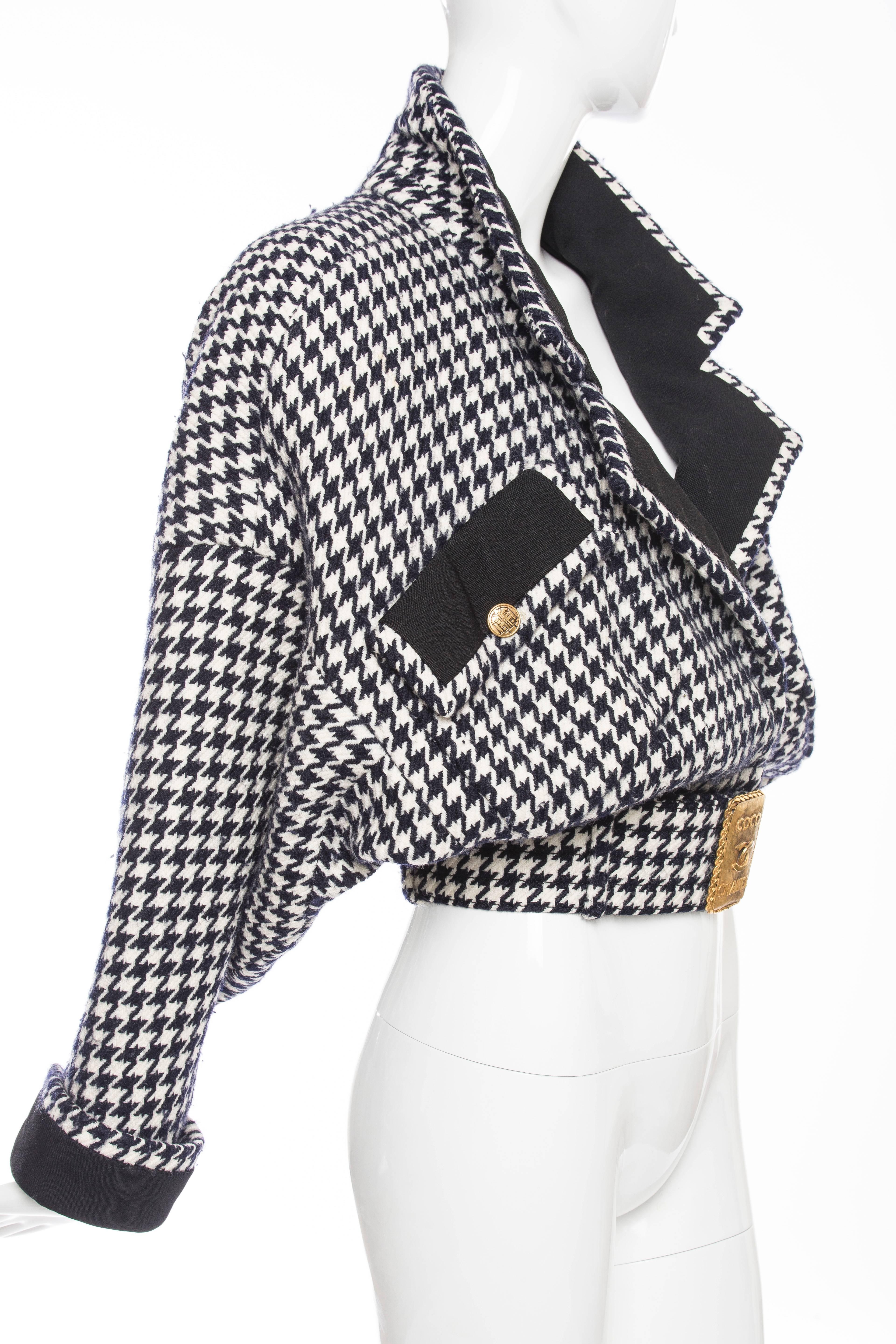 Chanel Haute Couture Houndstooth Jacket With Bronze CC Buckle Belt, Circa 1980's In Good Condition In Cincinnati, OH