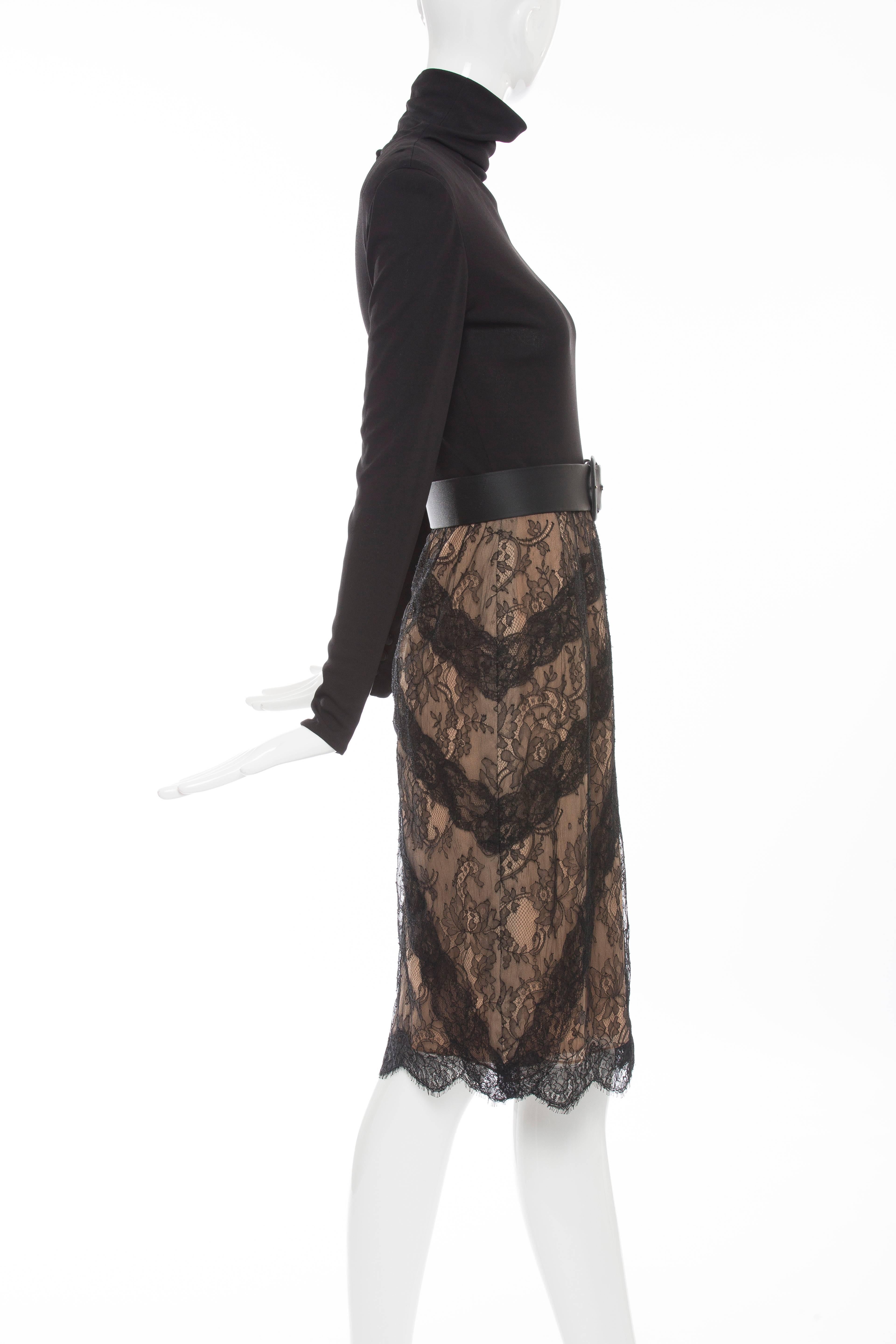Bill Blass, Circa 1980's, dress with imported lace skirt, satin belt, back zip and hook and eye detail.