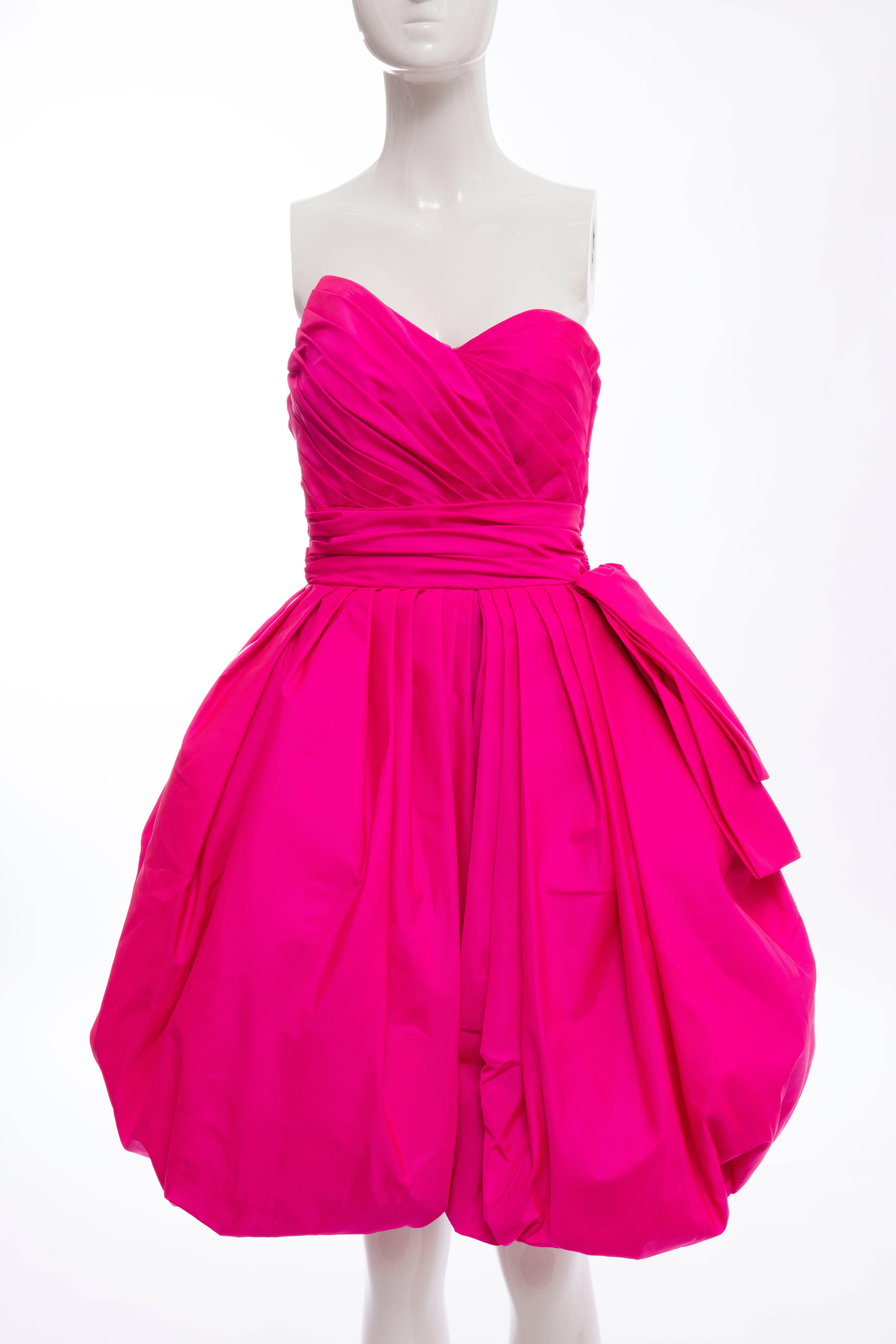 Victor Costa, circa 1980's fluorescent pink taffeta, strapless cocktail dress,side zip and fully lined.