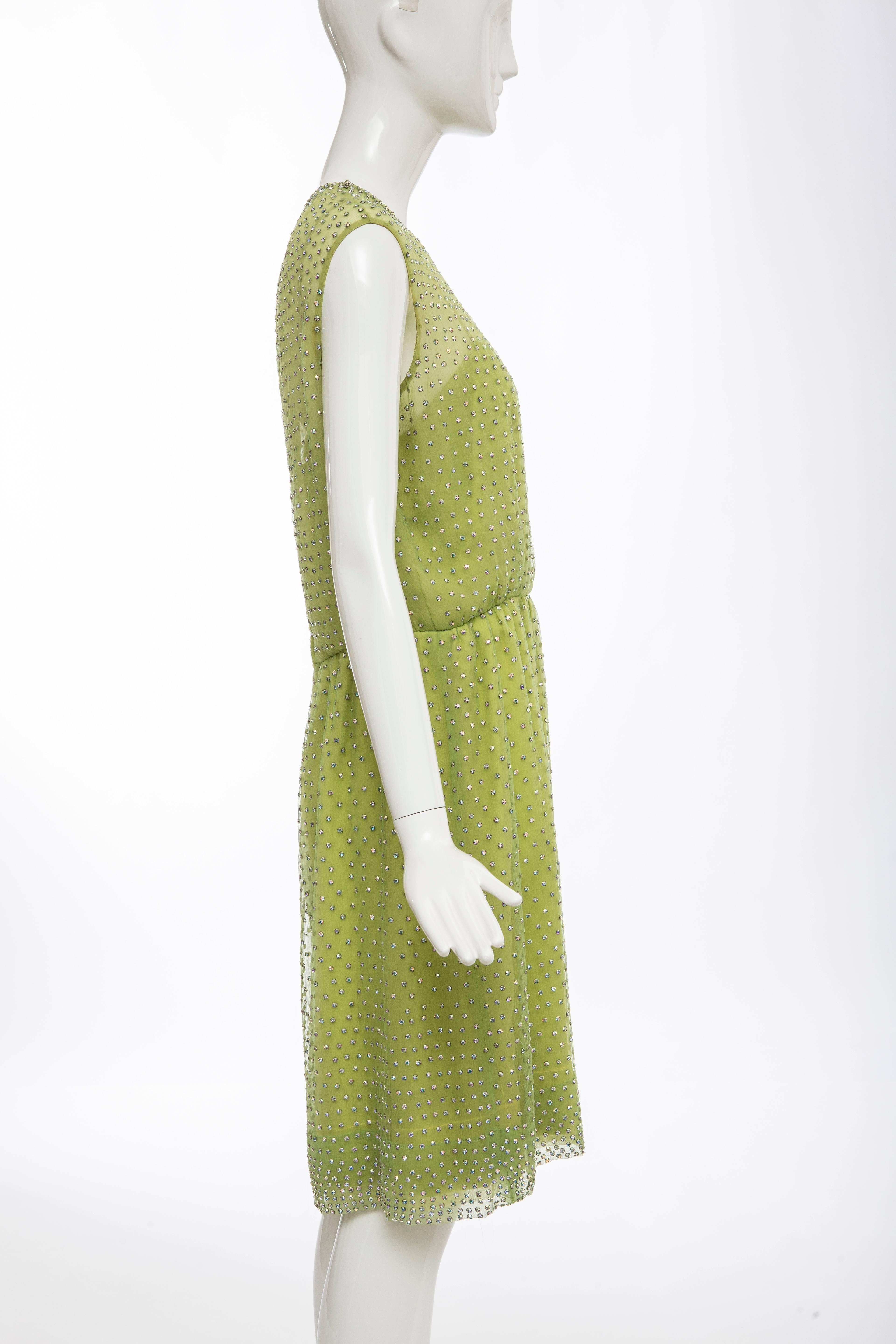 Green Harvey Berin designed by Karen Stark Silk Dress Prong Set Crystals, Circa 1960's For Sale