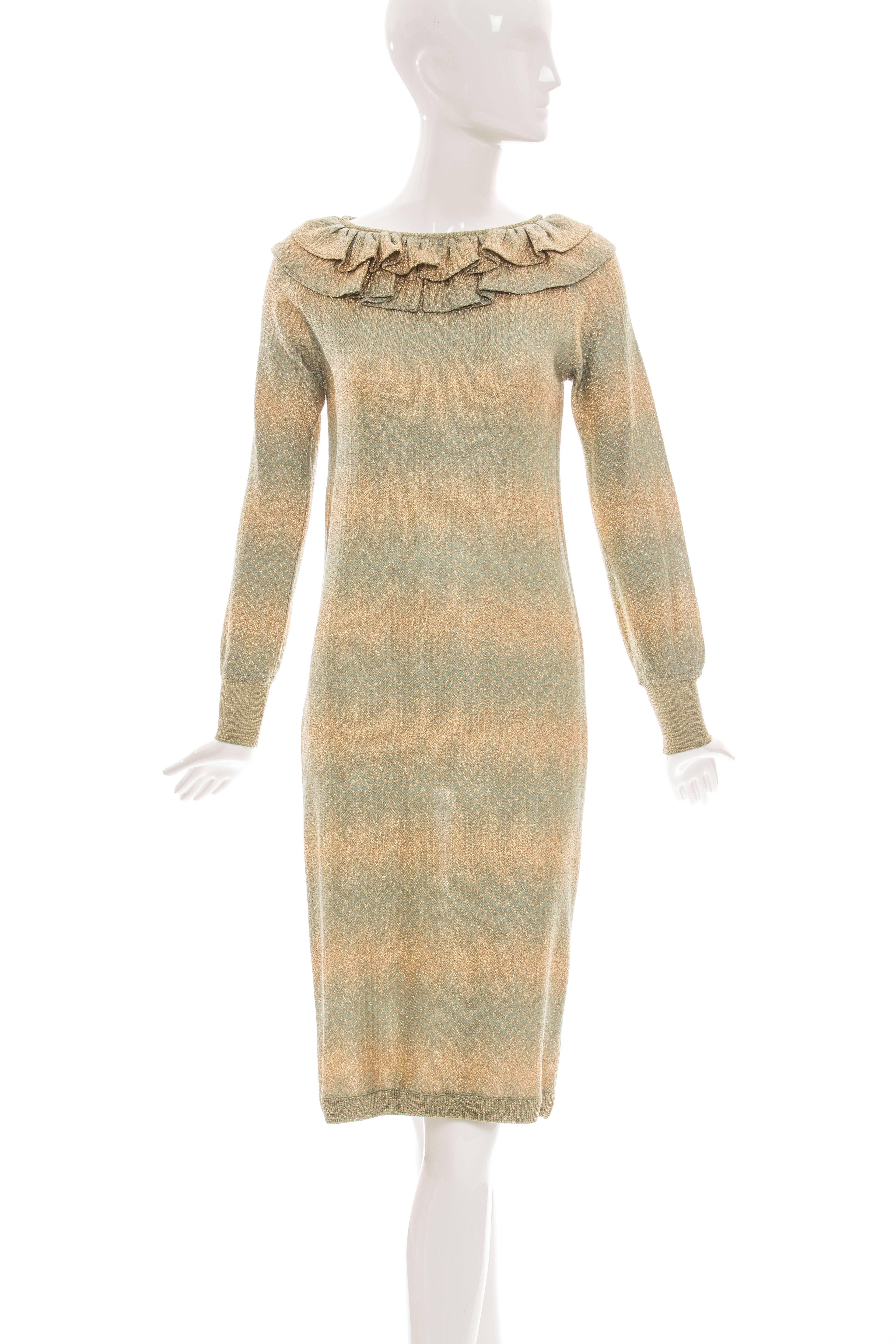 Missoni gold label, circa 1980's long sleeve dress with ruffled neckline.