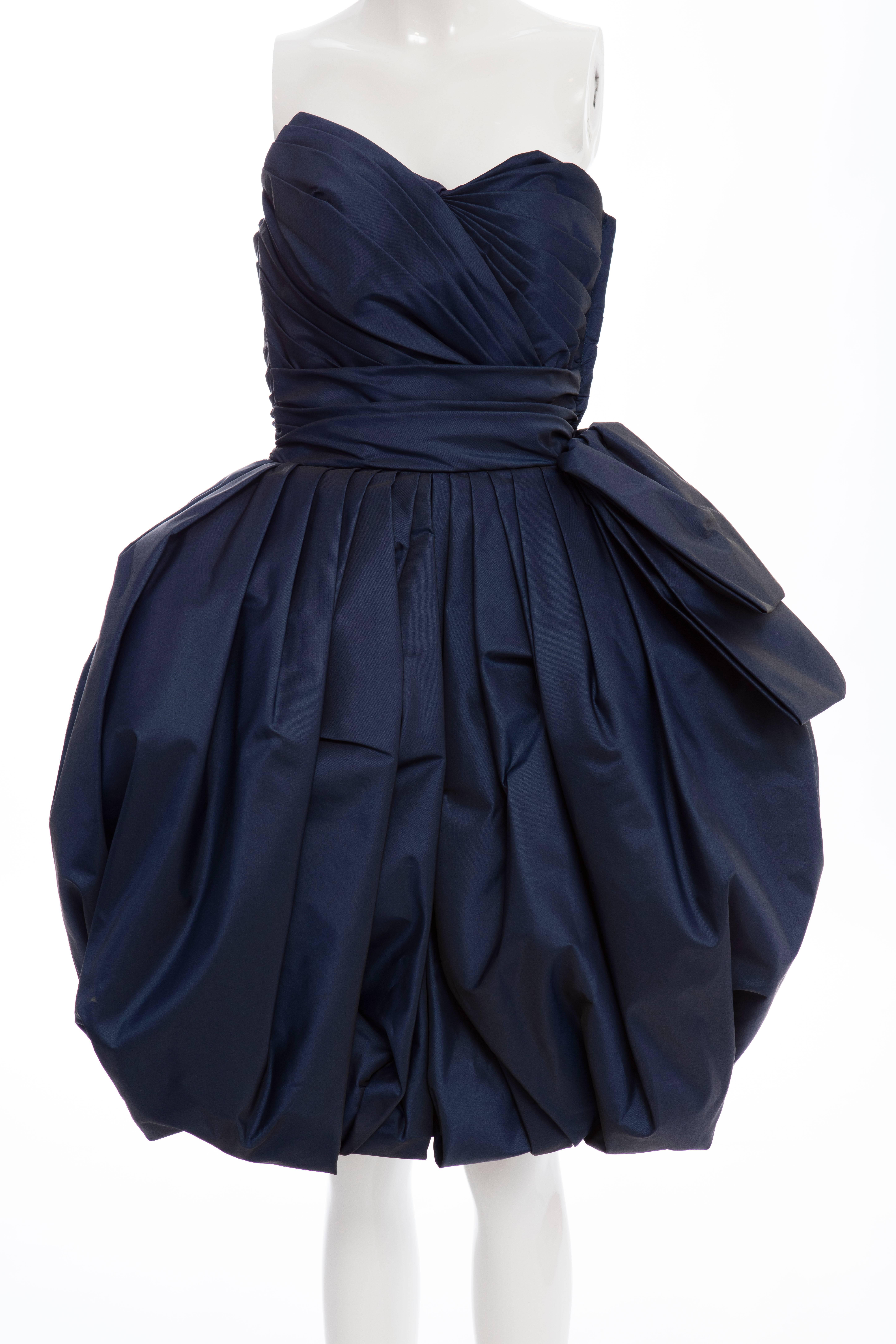 Victor Costa 1980's navy blue taffeta strapless  dress,side zip and fully lined.