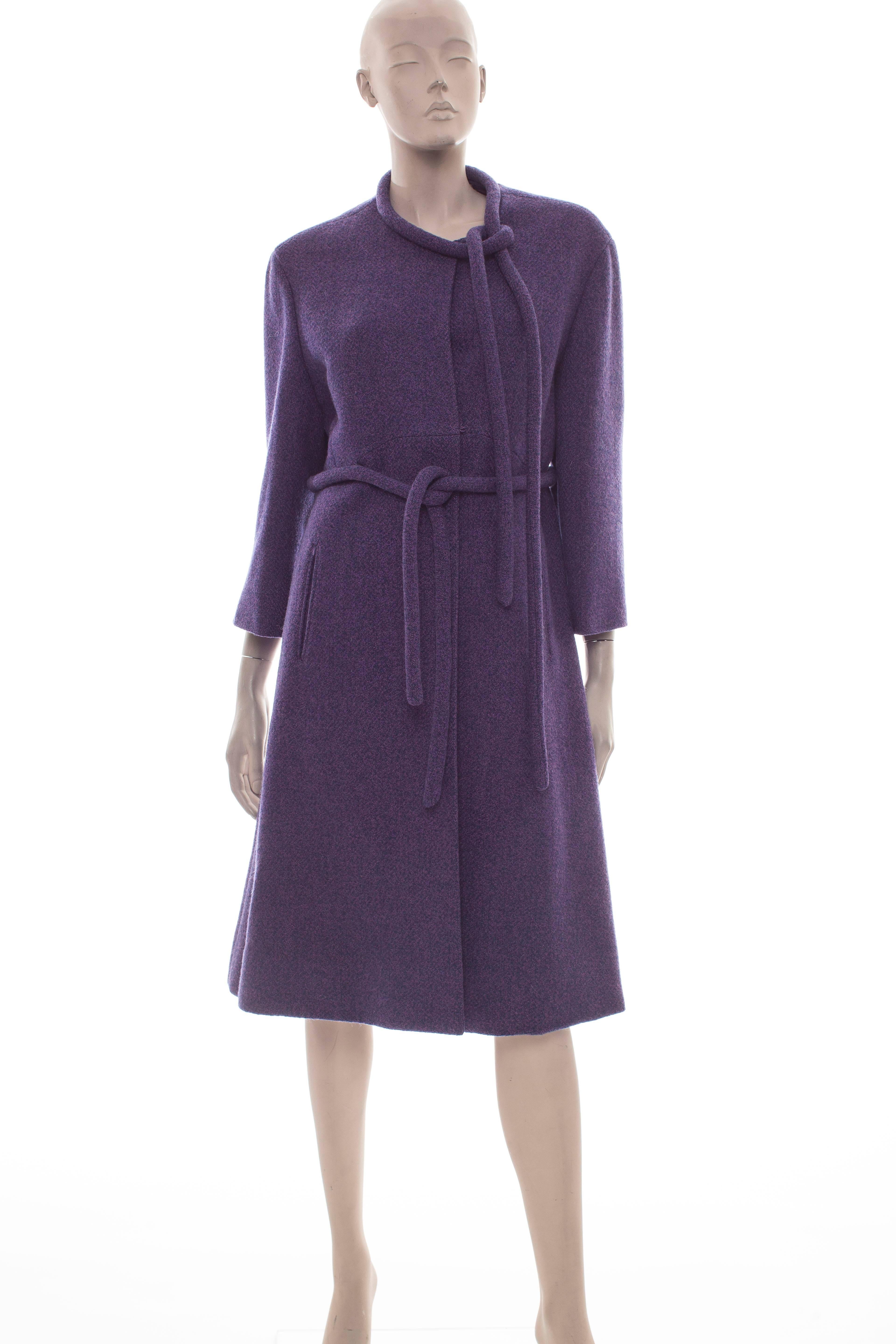 Jeanne Lanvin - Castillo, circa 1960's, A-line tweed coat, belted neck and waist, two front pockets and fully lined.