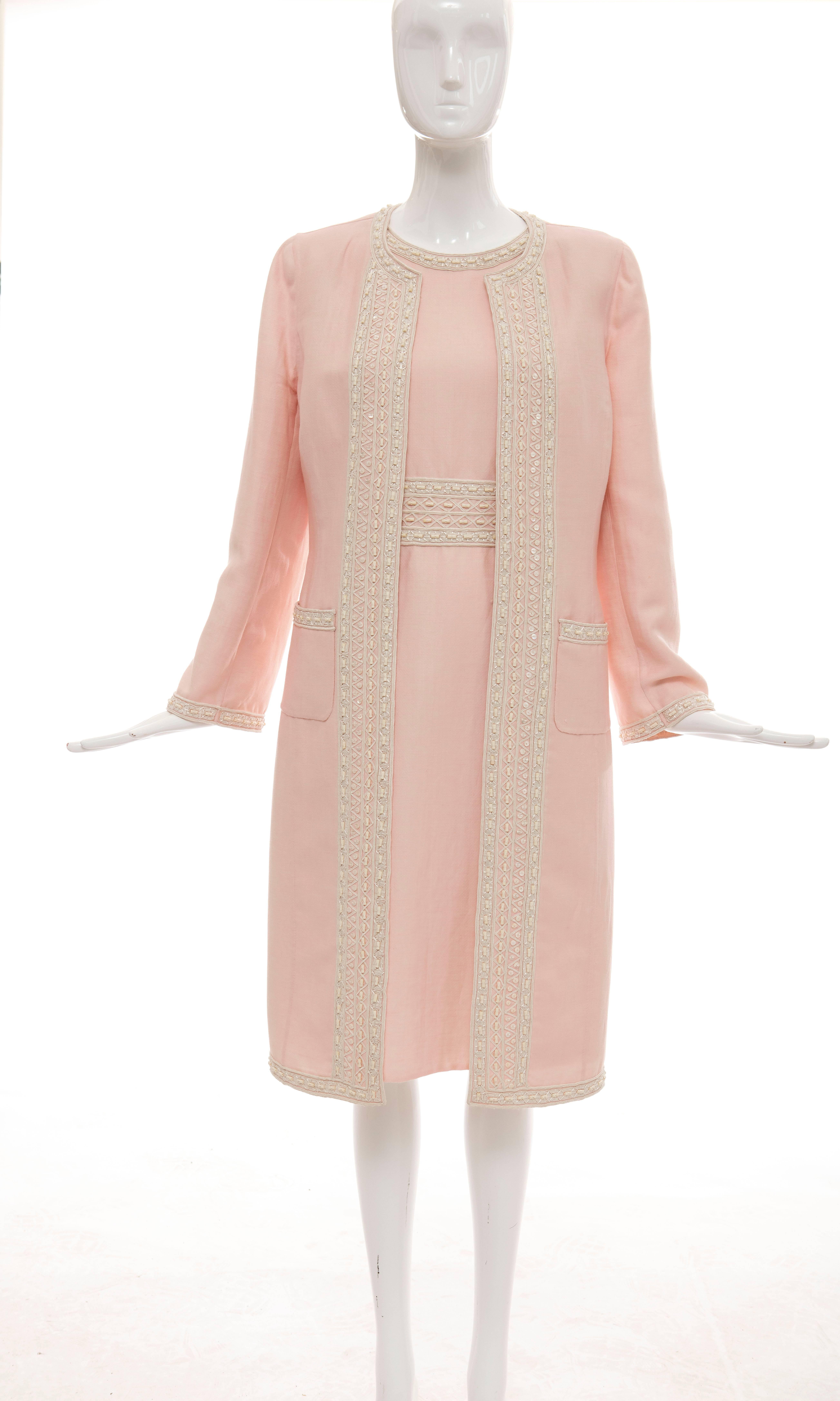 Gray Oscar De la Renta Pink Wool Linen Cotton Embroidered Dress Ensemble, Resort 2006 For Sale