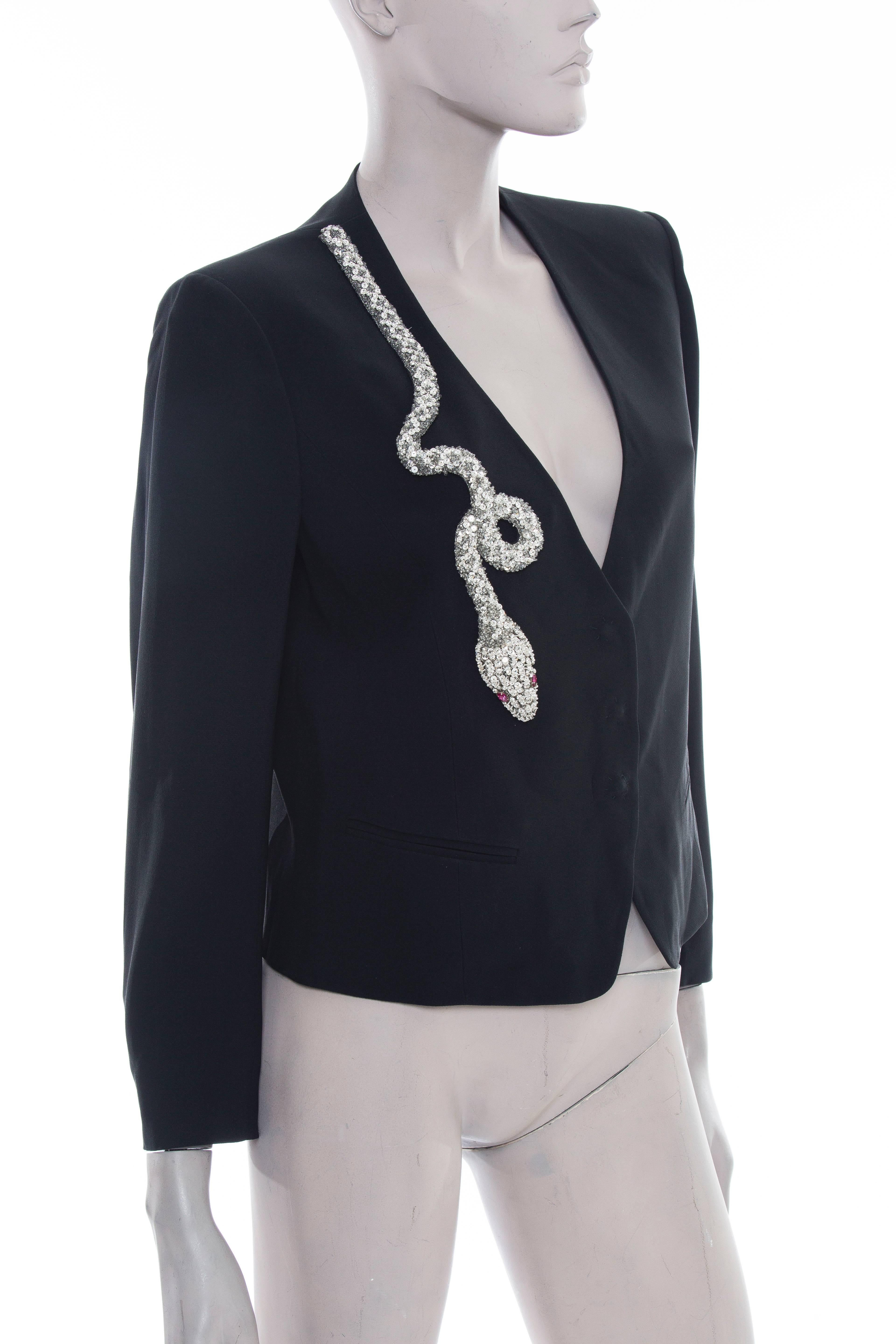 Sonia Rykiel blazer with sequin diamanté snake, dual welt pockets at front and concealed snap closure.

Bust 40”, Waist 36”, Shoulder 16”, Length 22”, Sleeve 22”

Fabric Content: 52% Viscose, 48% Acetate
