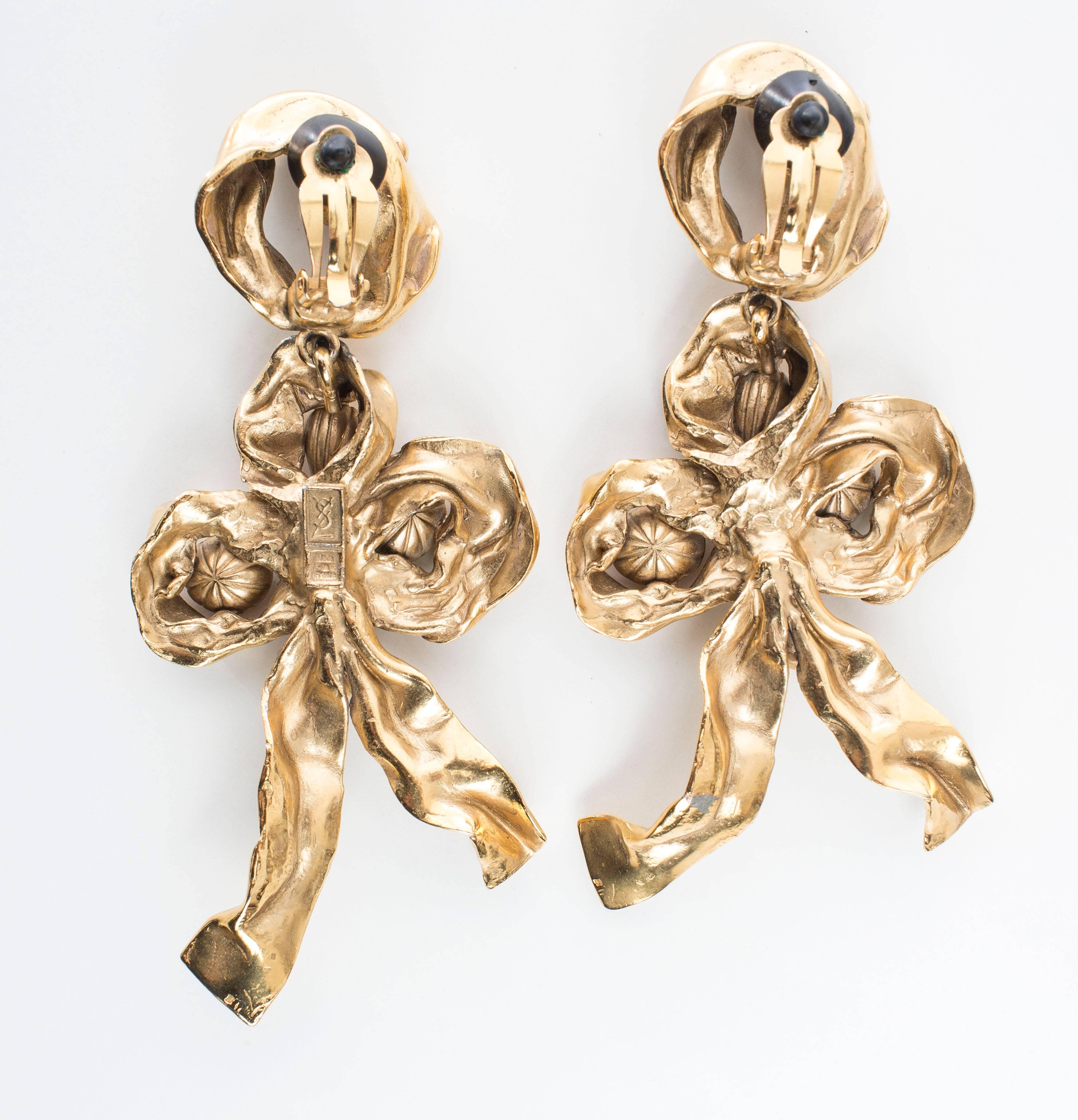 Yves Saint Laurent Massive Gilt Leaf Earrings With Faceted Stones, Circa 1980's In Excellent Condition For Sale In Cincinnati, OH