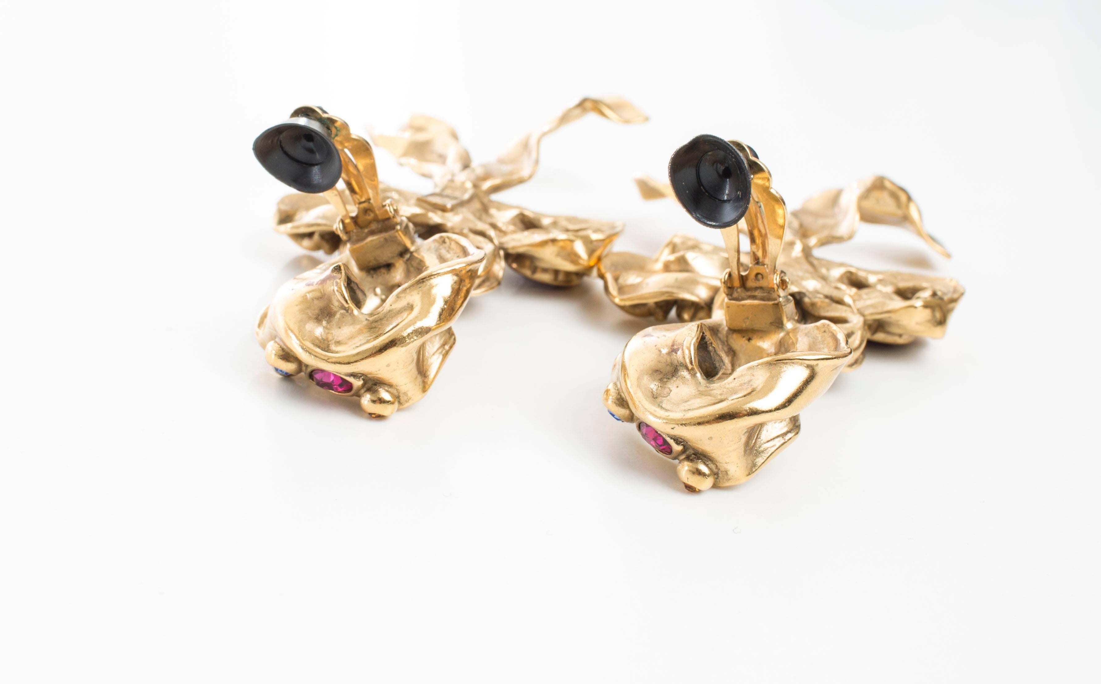 Women's Yves Saint Laurent Massive Gilt Leaf Earrings With Faceted Stones, Circa 1980's For Sale