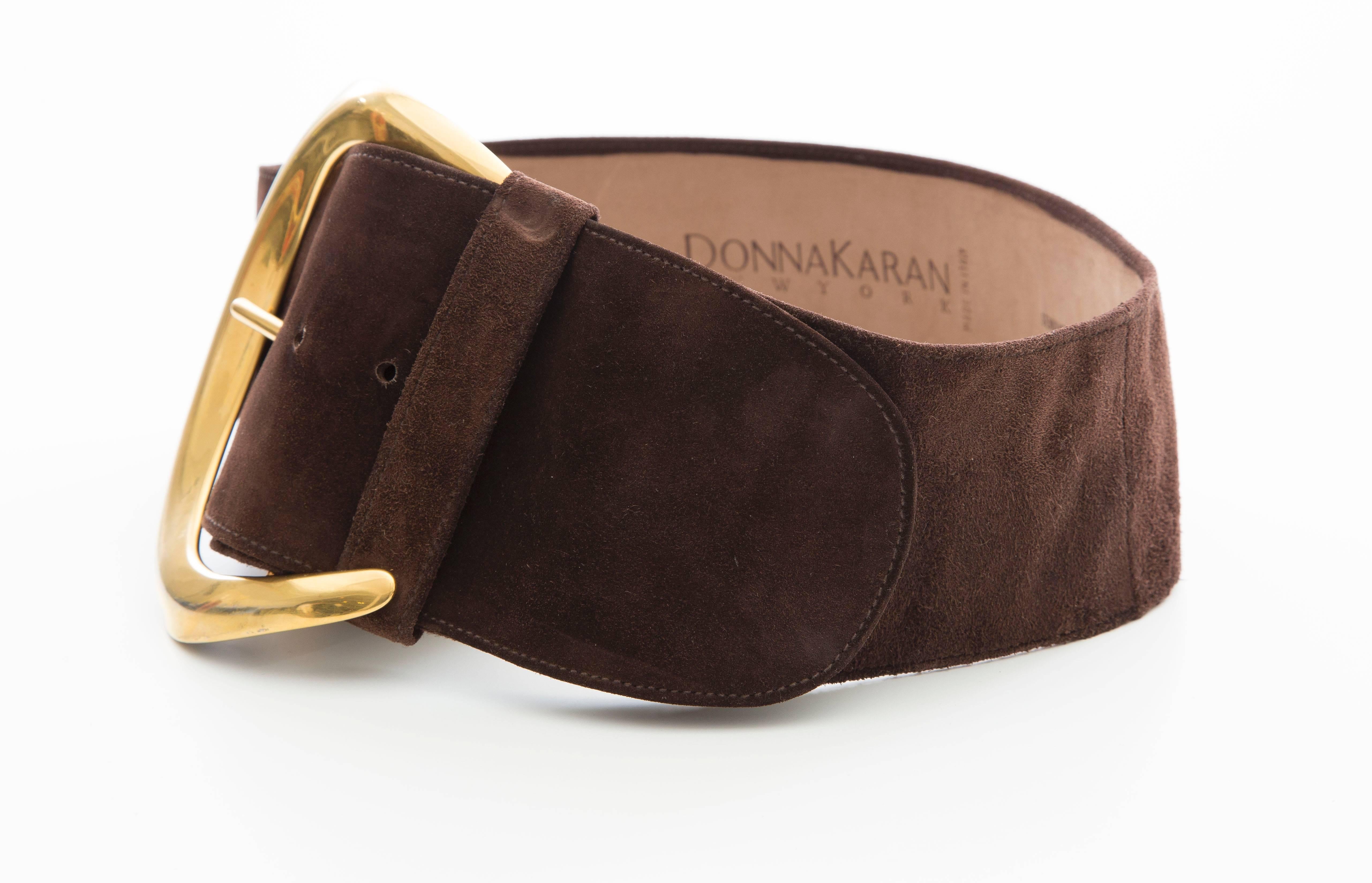 Donna Karan, circa 1980's brown suede leather belt with gold tone buckle designed by Robert Lee Morris.