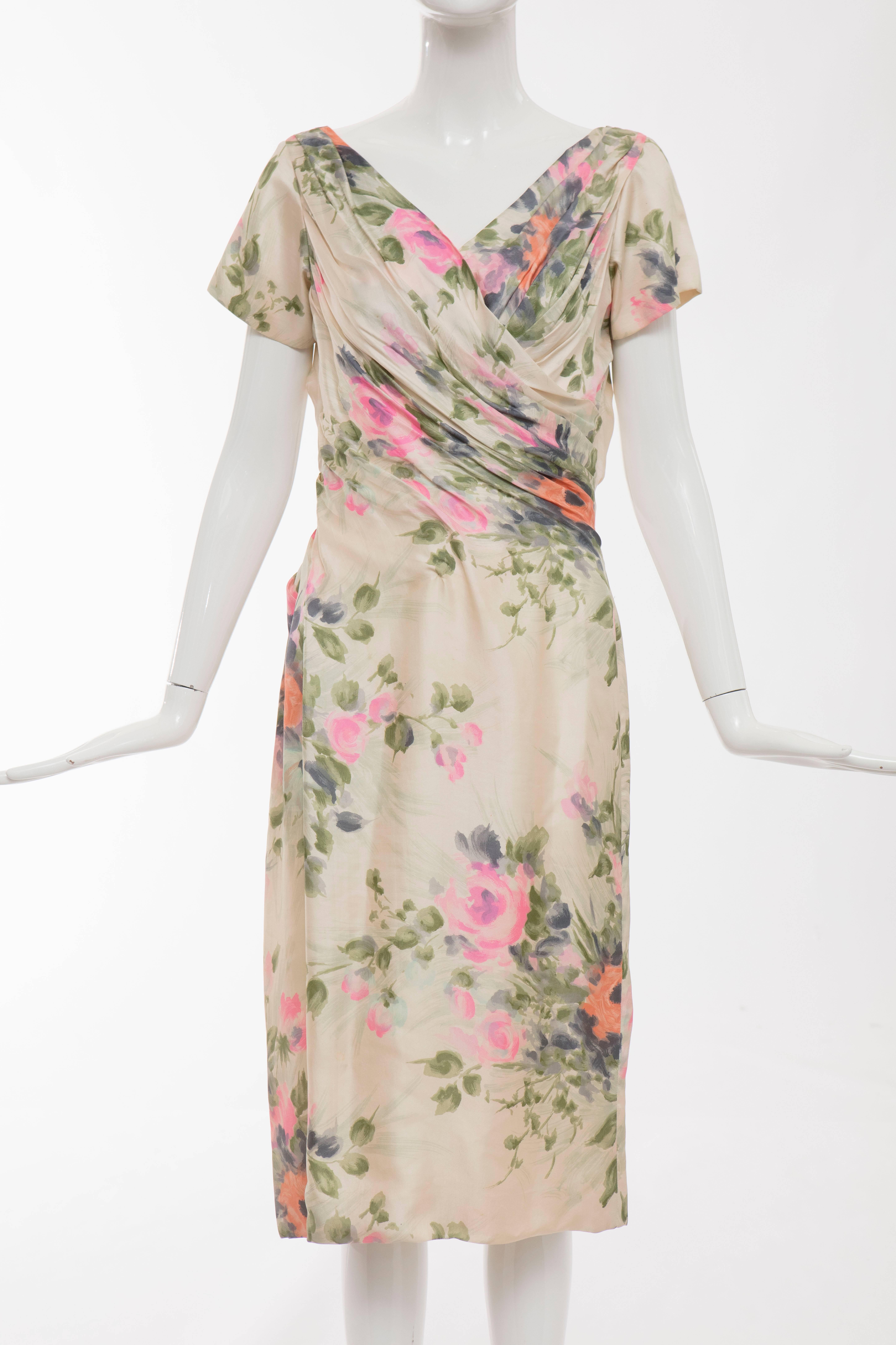 Ceil Chapman 1950s silk floral cap sleeve dress with back zip.