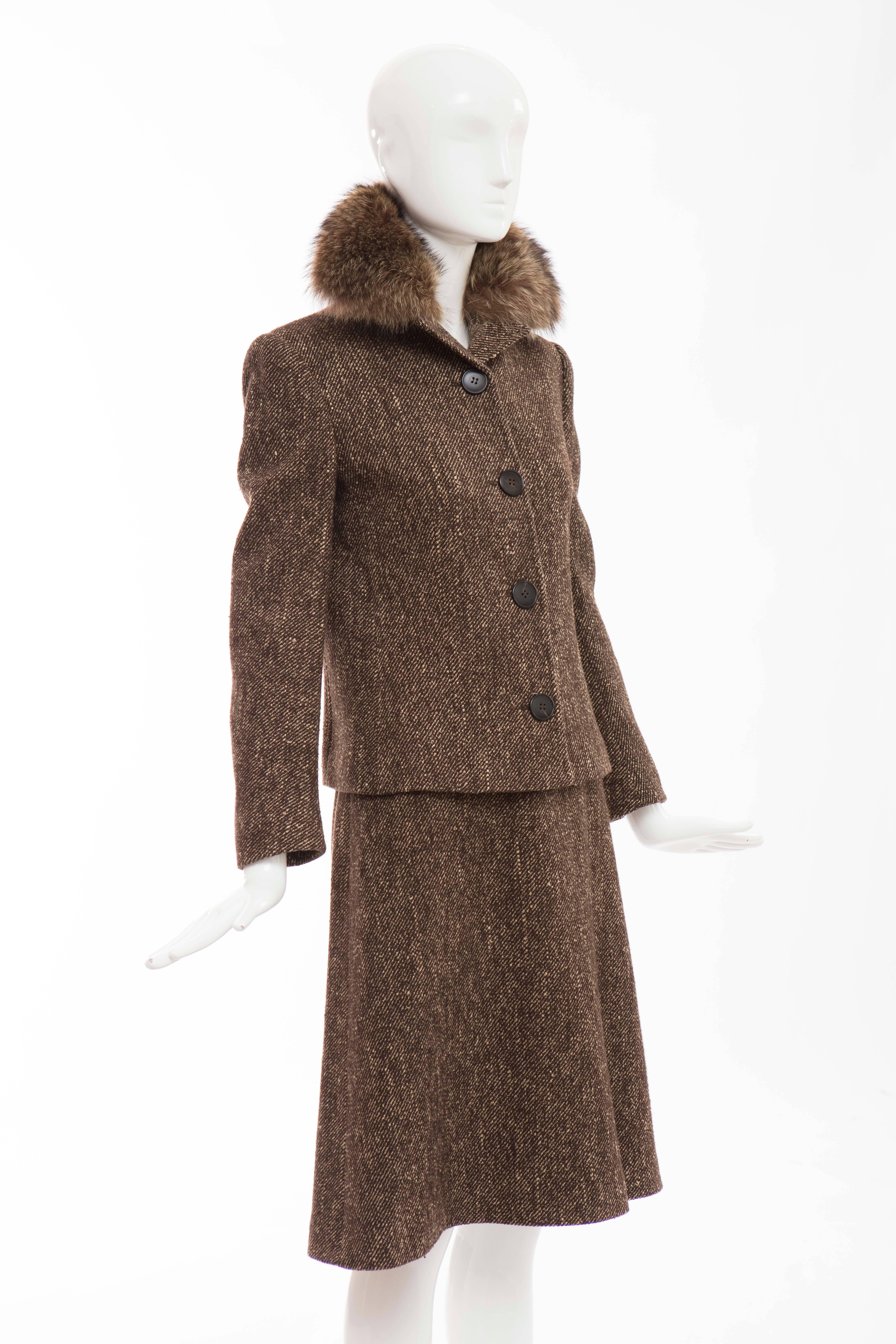 Gray Dolce & Gabbana Brown Tweed Skirt Suit With Fur Collar For Sale