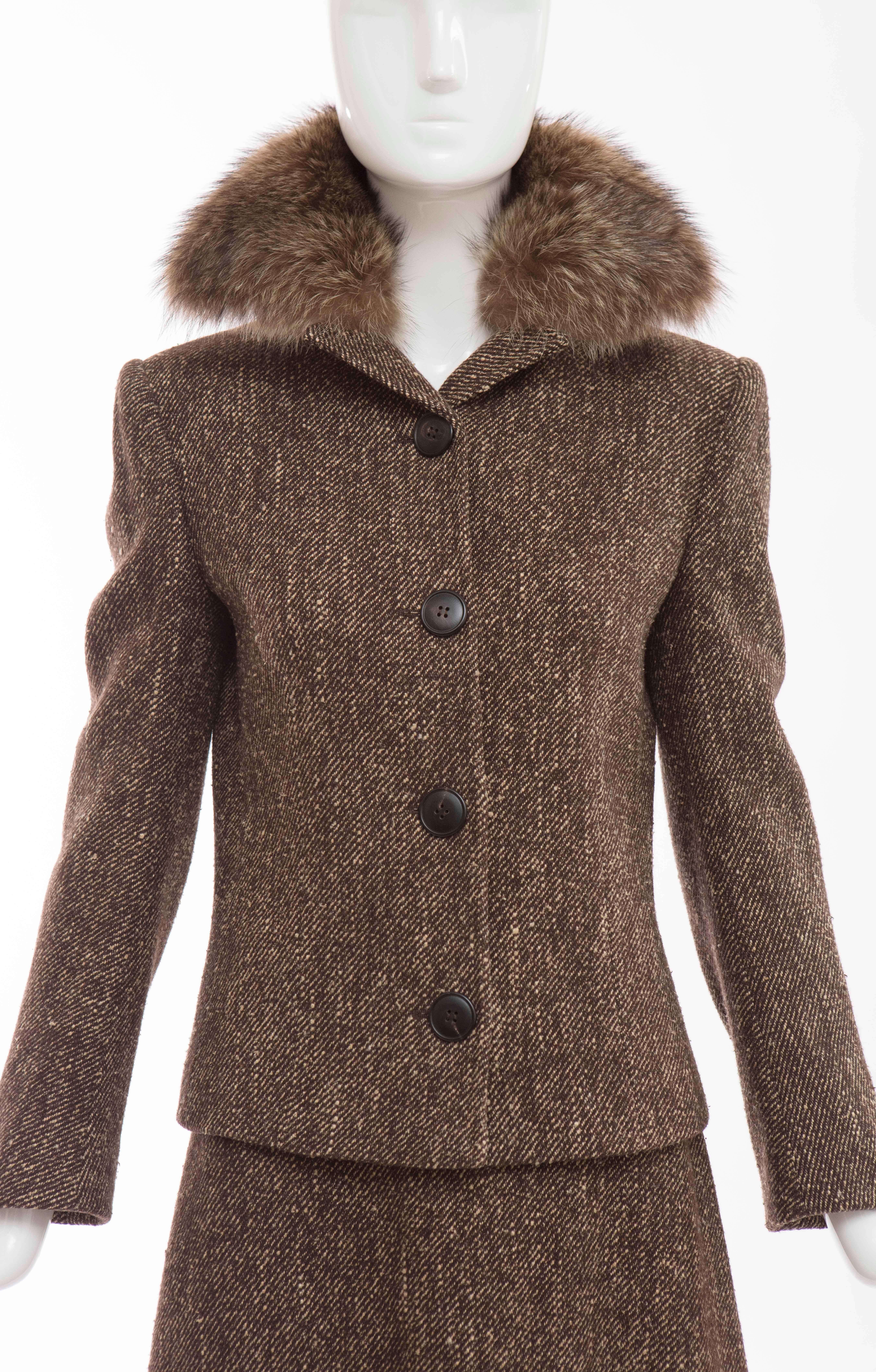 Dolce & Gabbana Brown Tweed Skirt Suit With Fur Collar In Excellent Condition For Sale In Cincinnati, OH