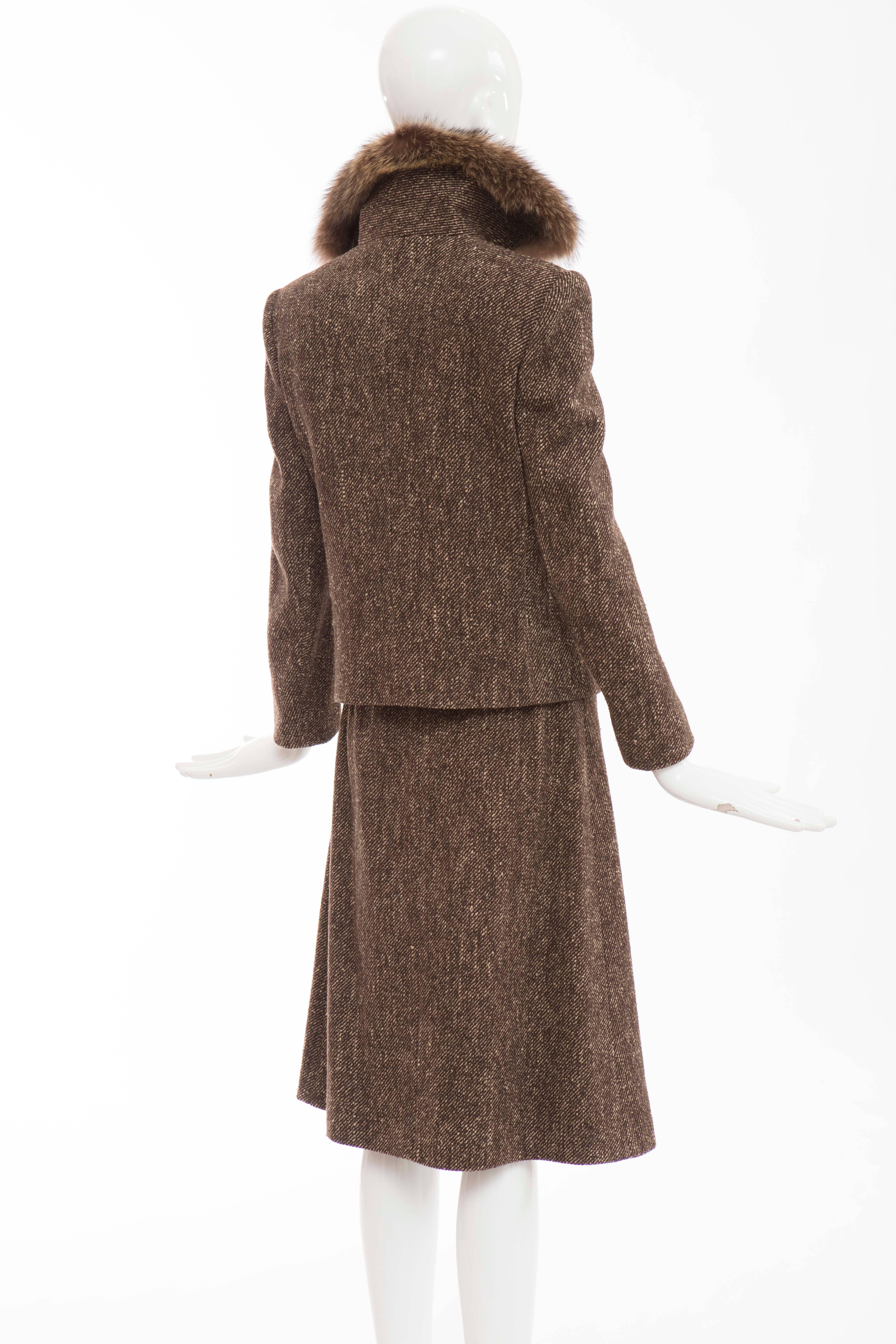 Women's Dolce & Gabbana Brown Tweed Skirt Suit With Fur Collar For Sale