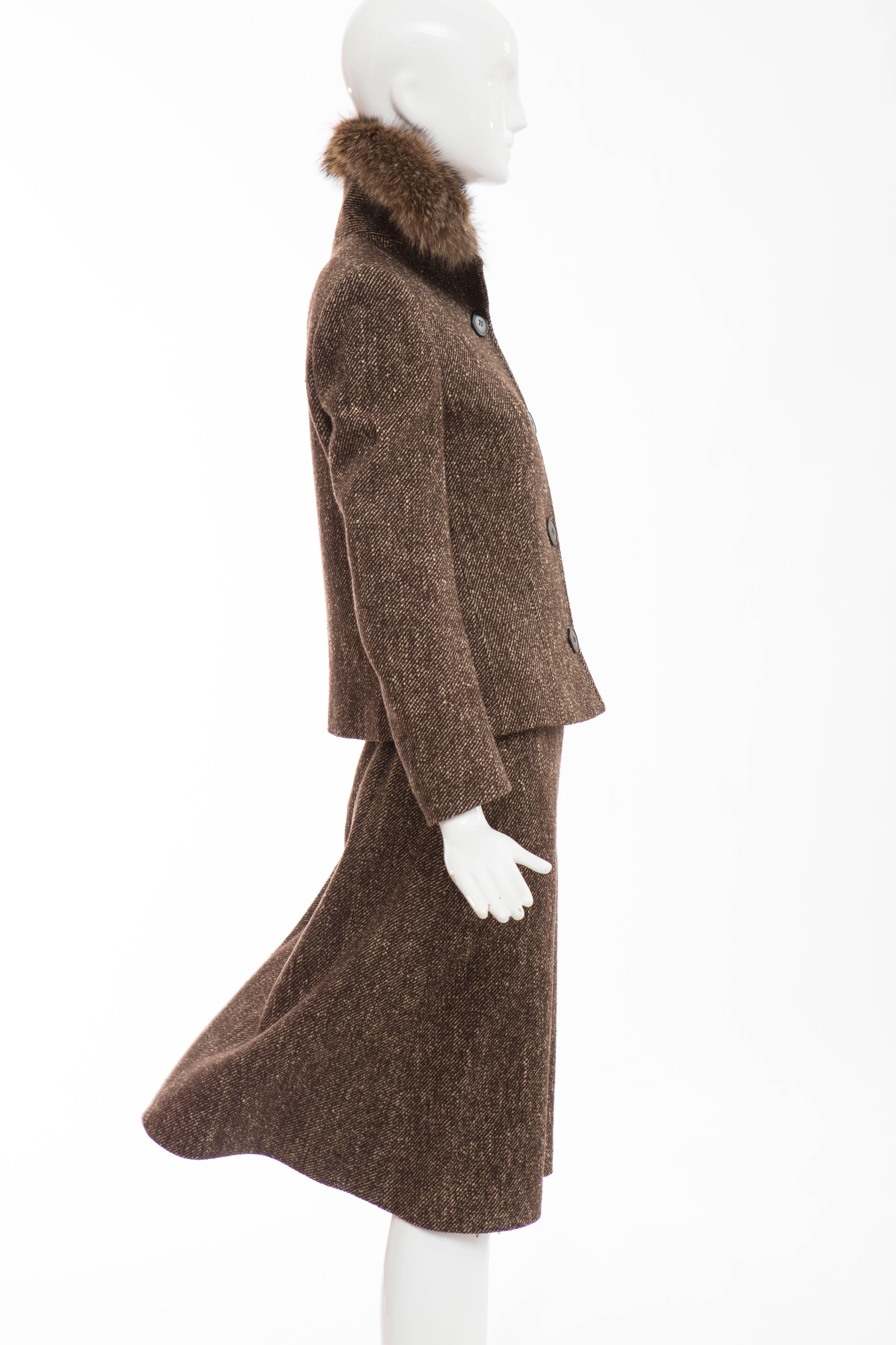 Dolce & Gabbana Brown Tweed Skirt Suit With Fur Collar For Sale 1