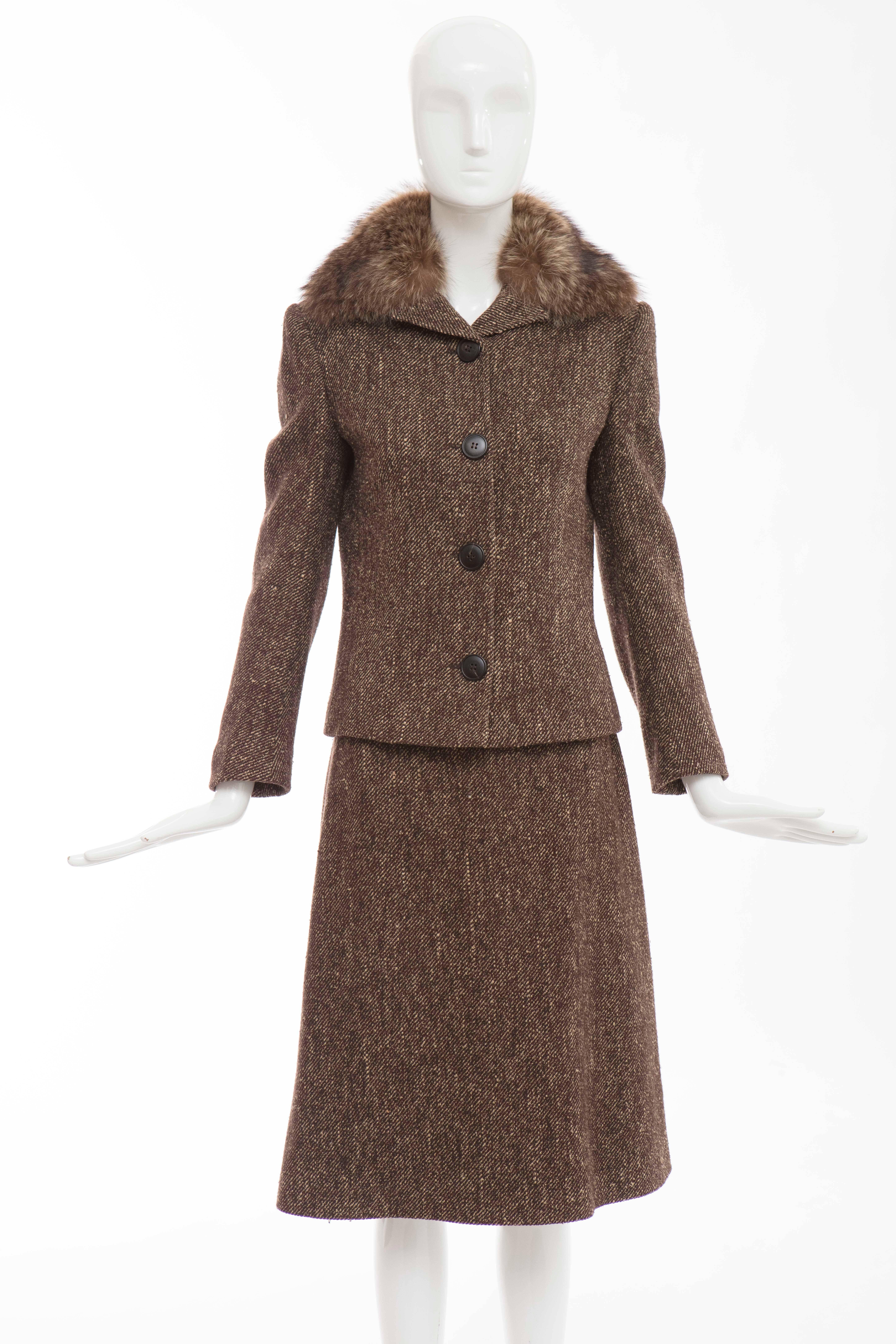 Dolce & Gabbana Brown Tweed Skirt Suit With Fur Collar For Sale 2