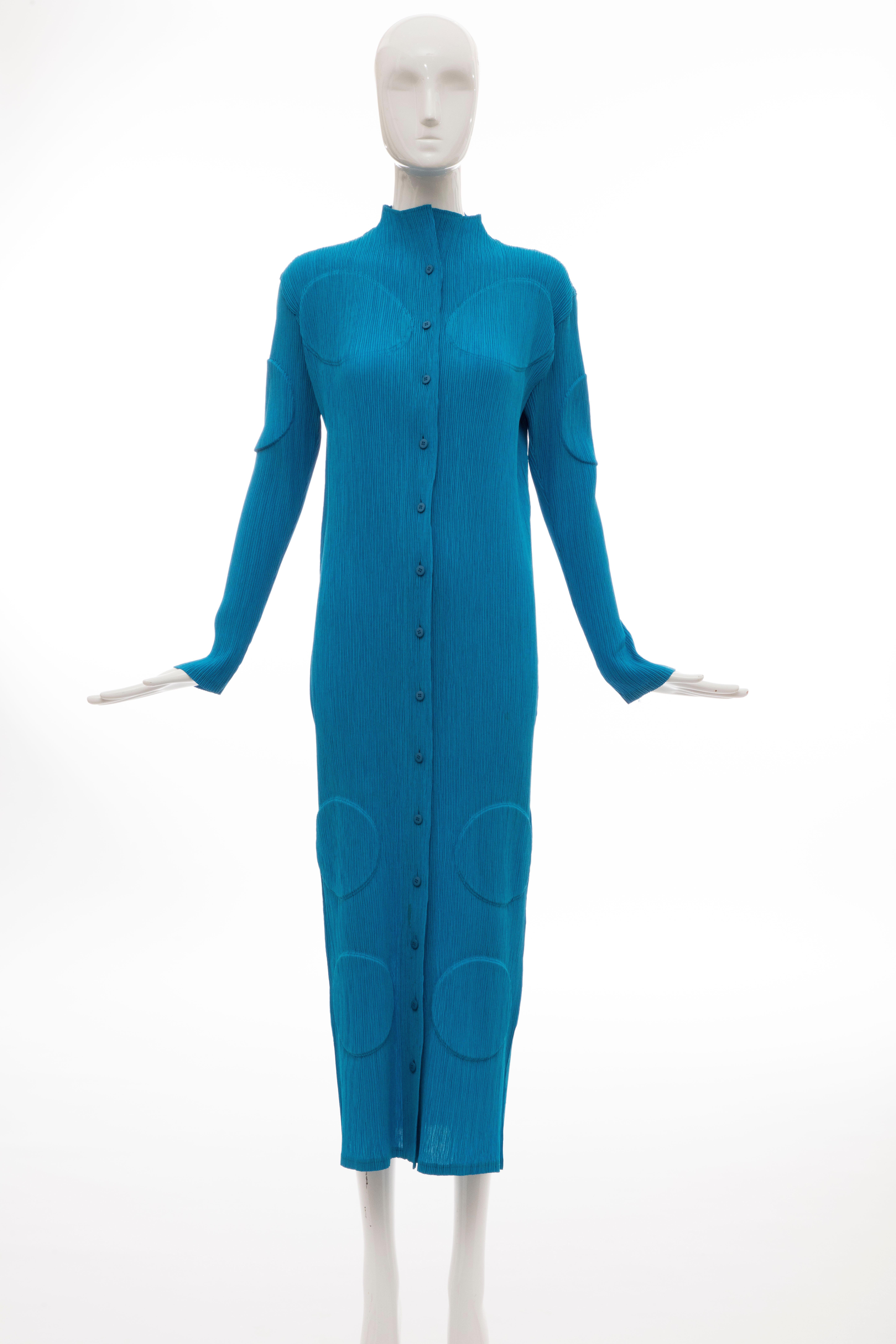 Issey Miyake, circa 1990s, turquoise long button front cardigan