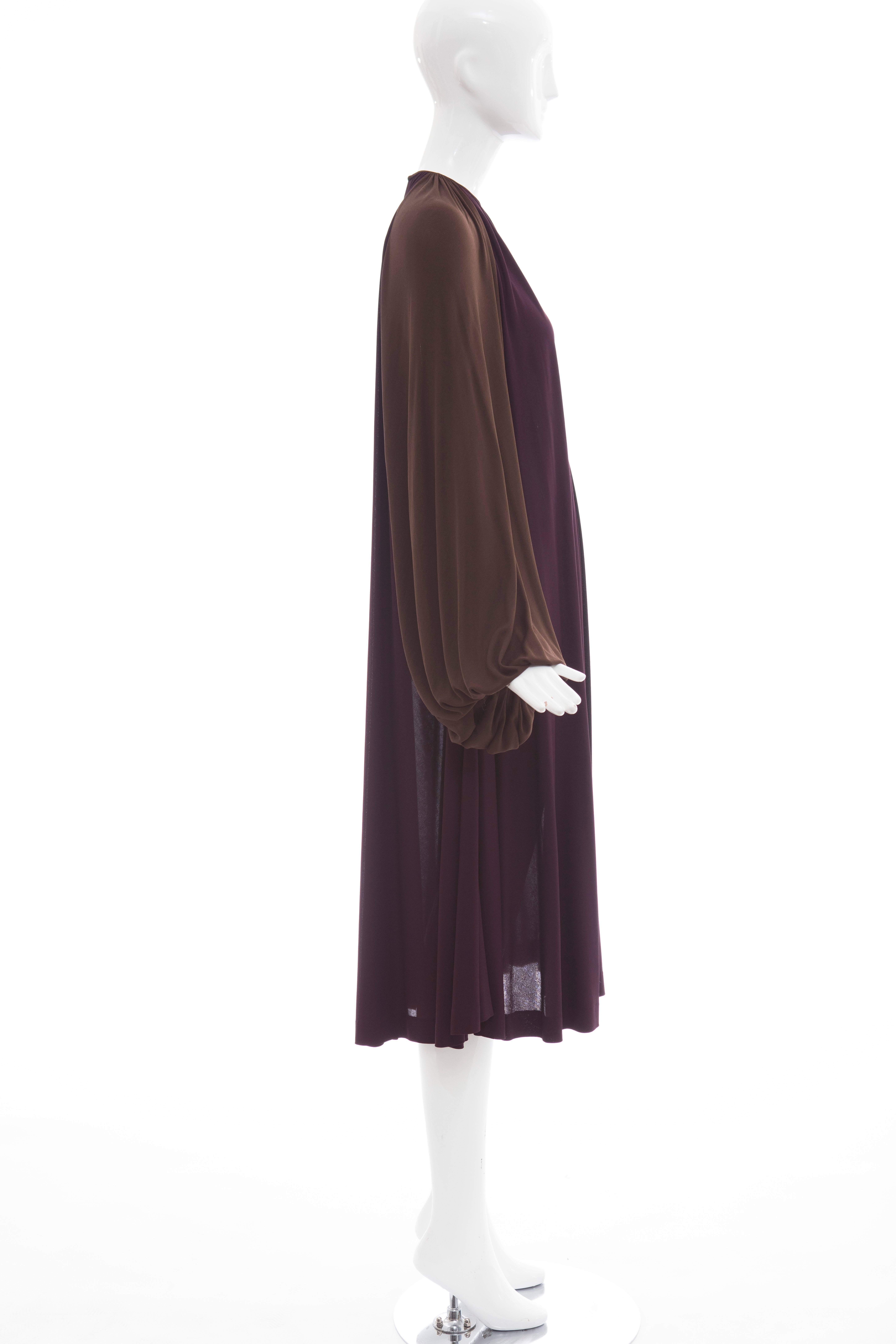 Women's James Galanos Swing Dress Chocolate Brown Bishop Sleeves, Circa 1970's