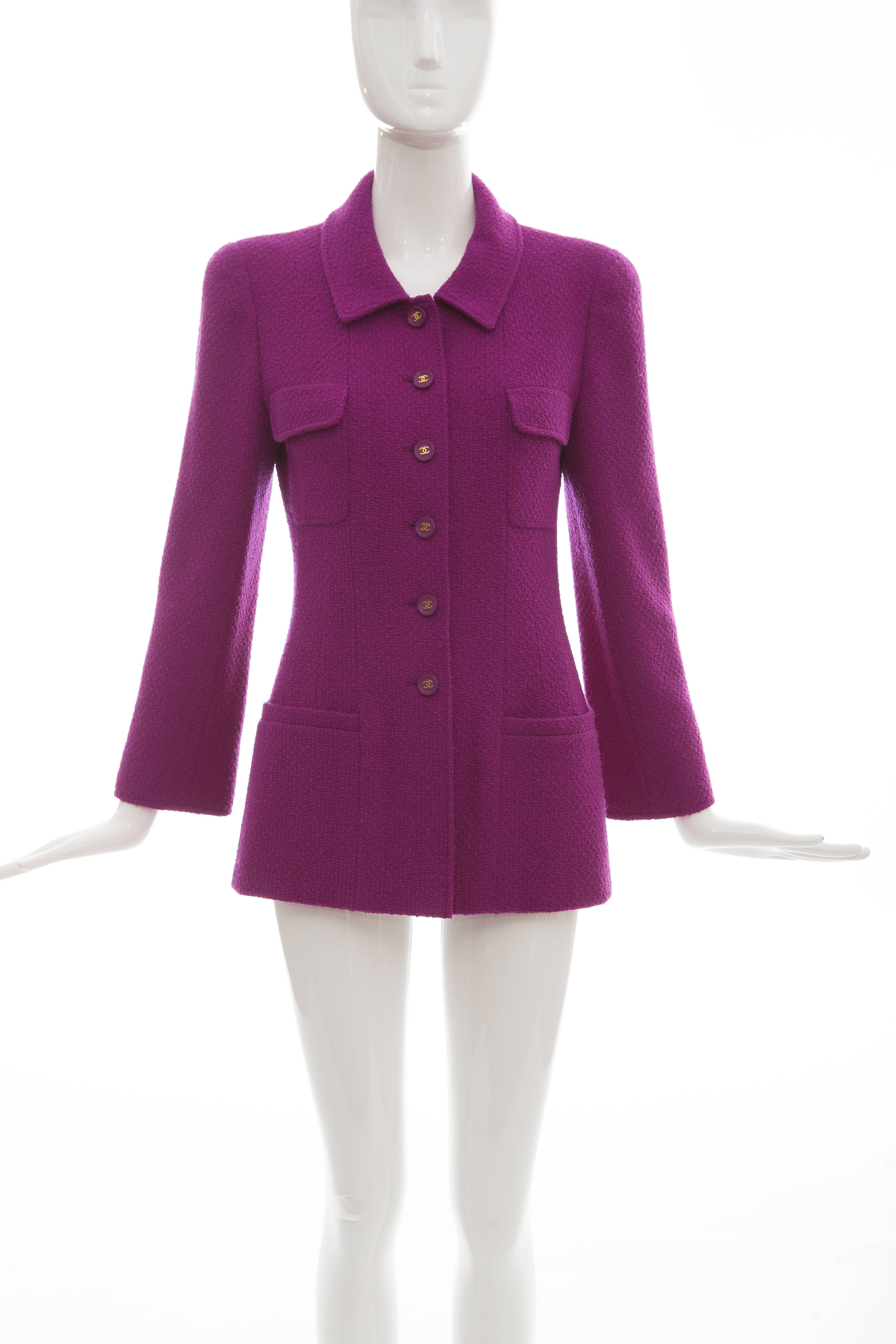 Purple Chanel Violet Wool Crepe Button Front Jacket, Fall 1995 For Sale