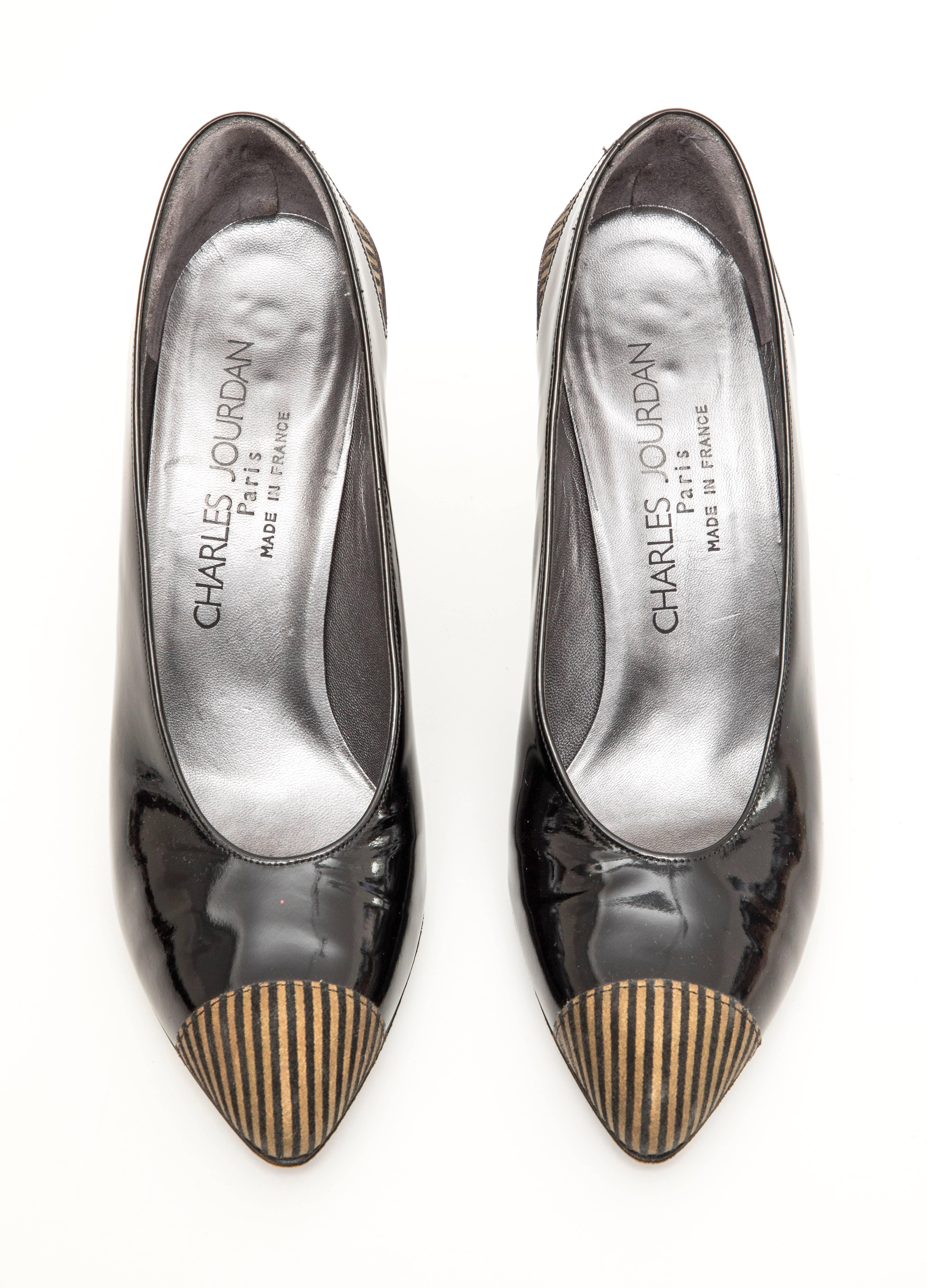 Women's Charles Jourdan Black Patent Leather Striped Silk Faille Cone Heels, Circa 1980s