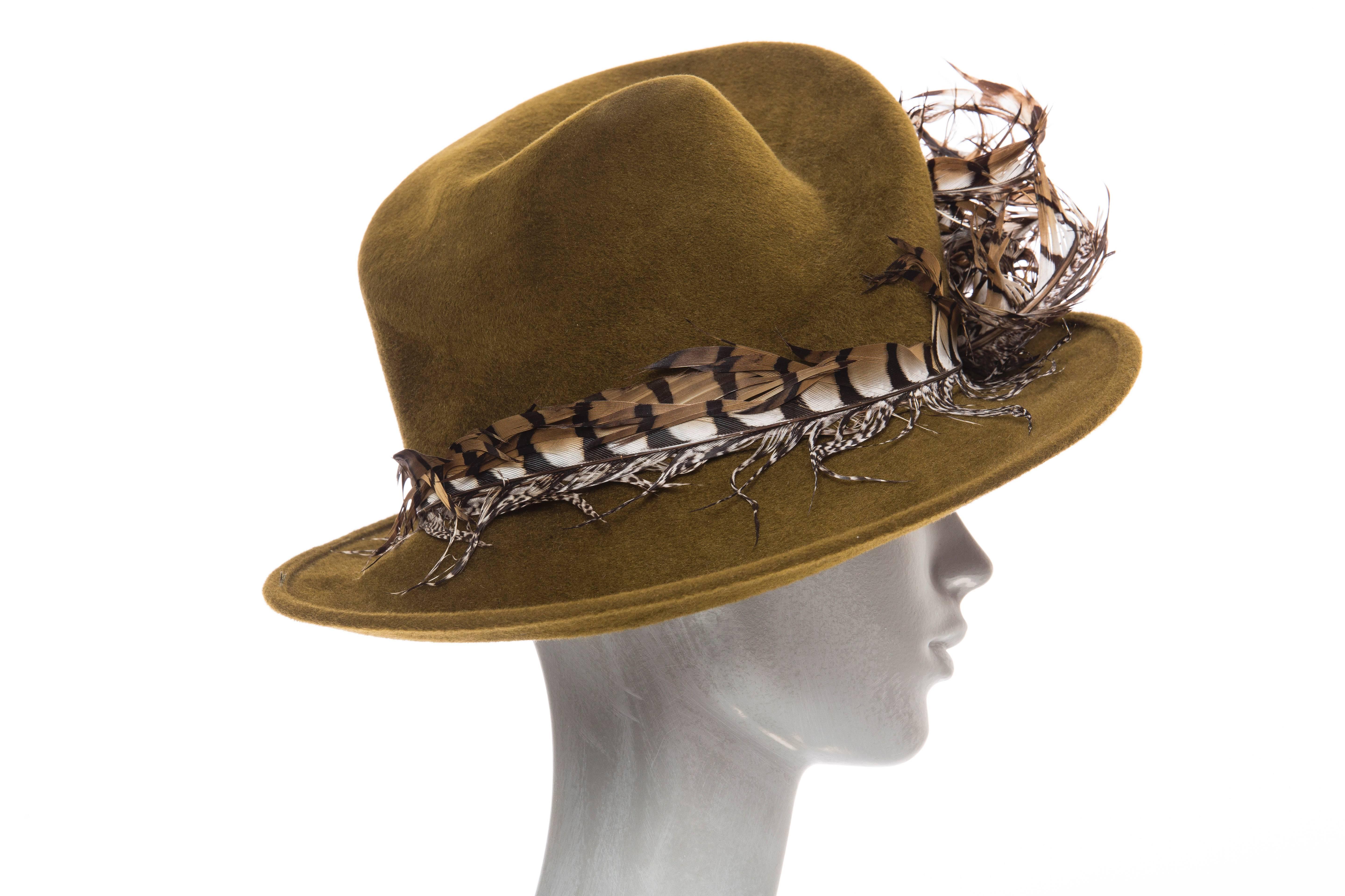 Philip Treacy Olive Wool Felt Hat In Excellent Condition In Cincinnati, OH