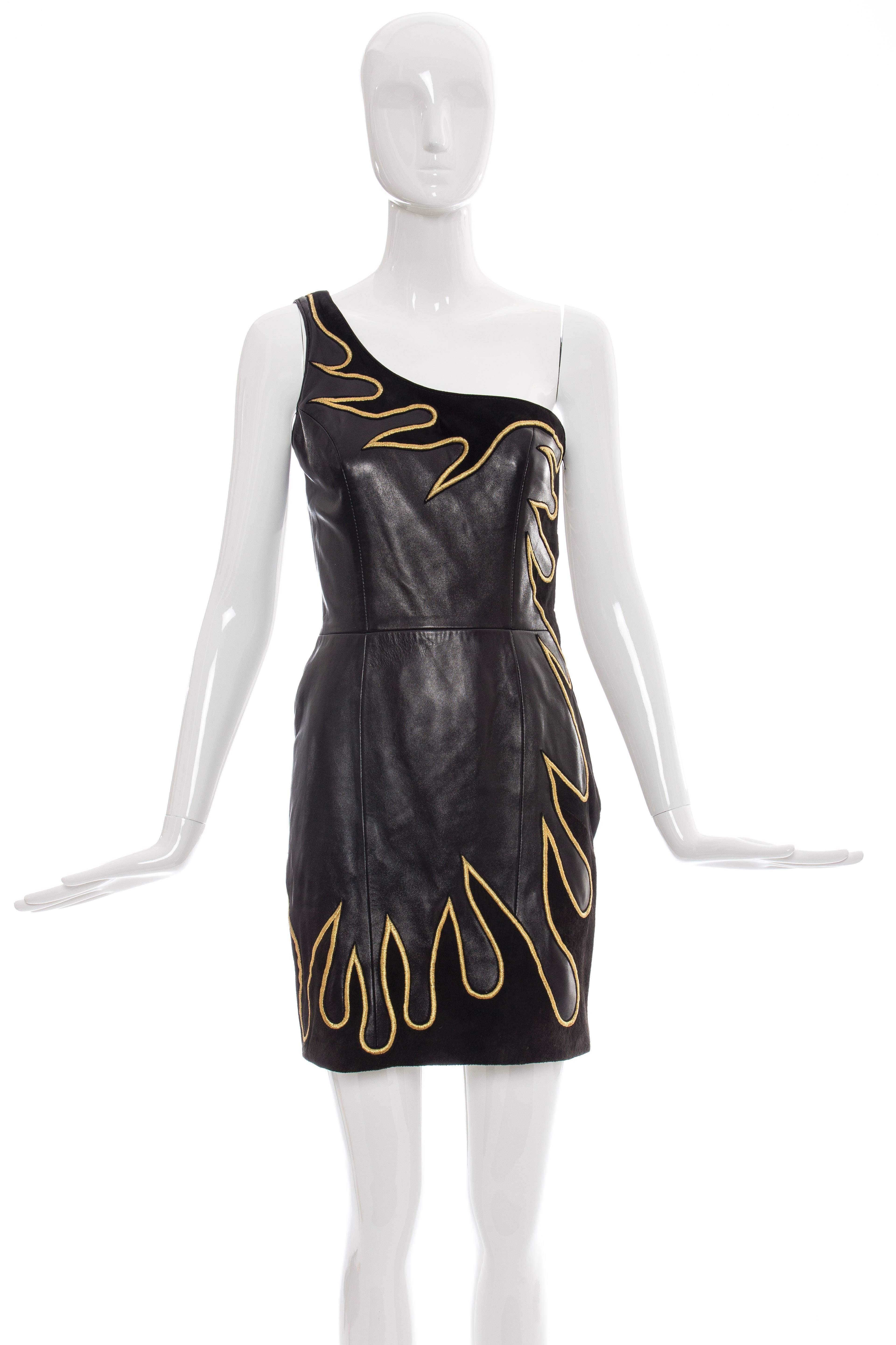 Black North Beach Leather By Michael Hoban Flame Dress & Bolero Jacket, Circa 1990's