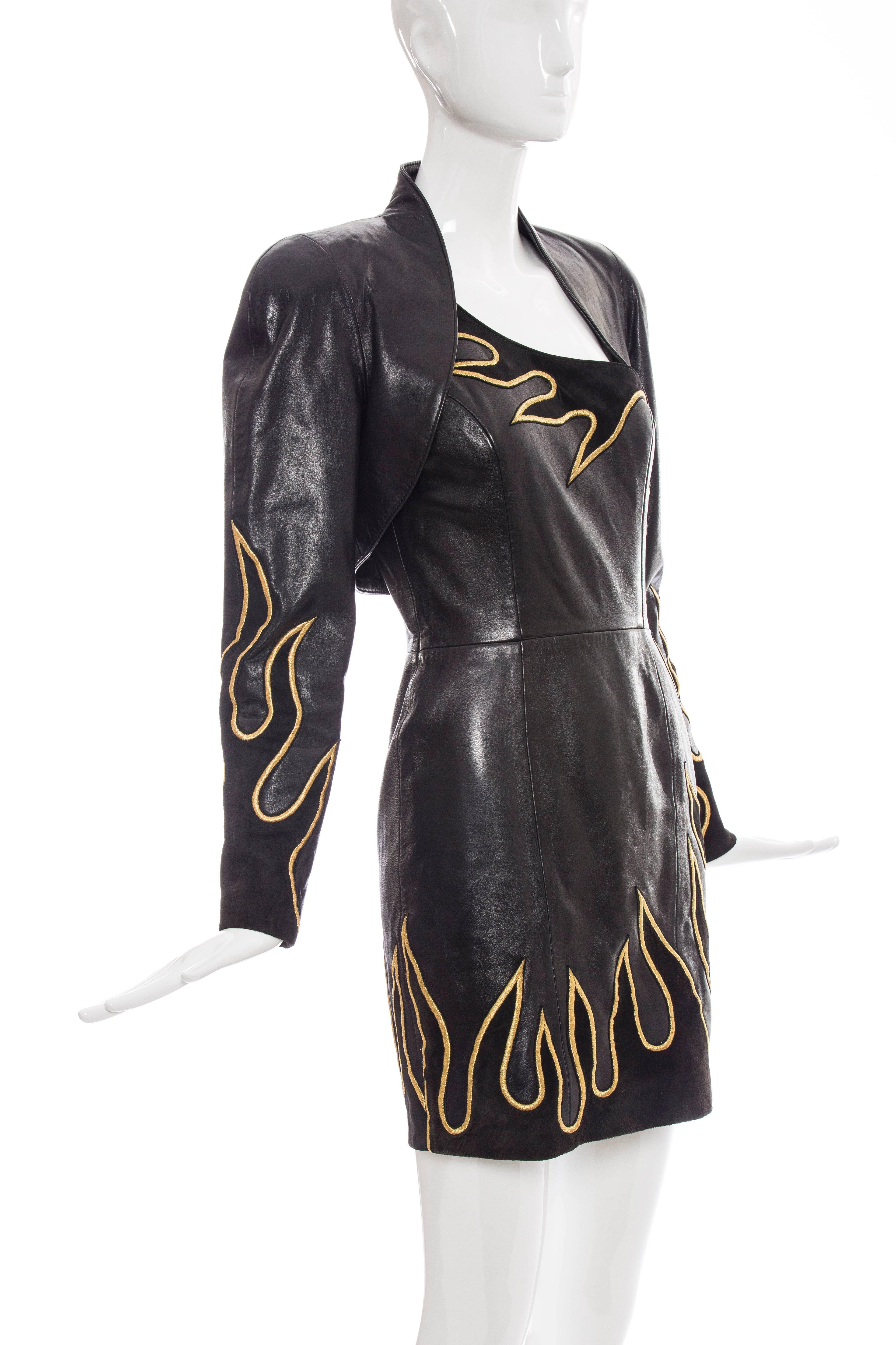 Women's North Beach Leather By Michael Hoban Flame Dress & Bolero Jacket, Circa 1990's