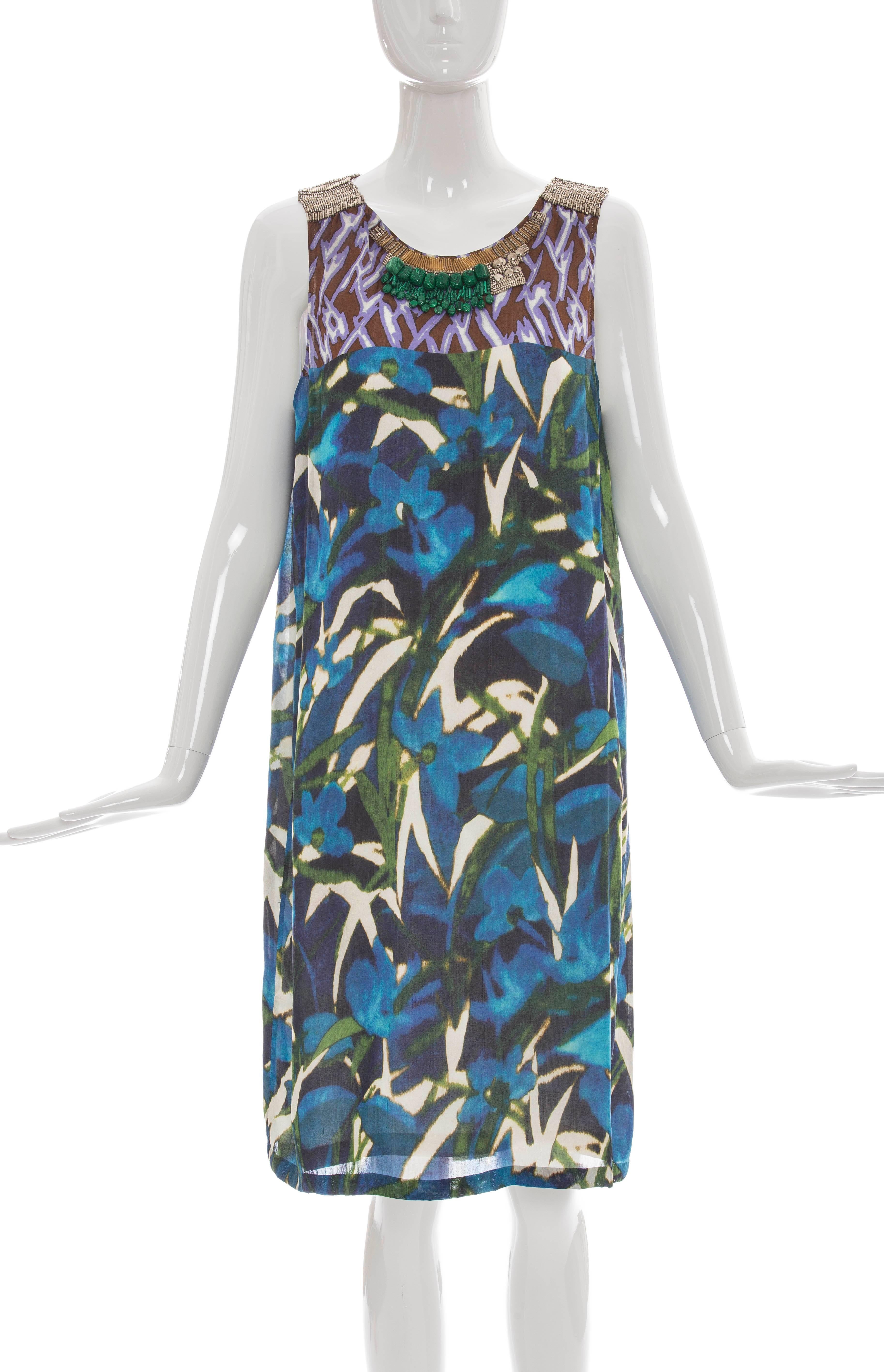 Dries Van Noten, Spring-Summer 2008, sleeveless silk dress with print throughout and beaded embellishments at neckline.

FR 40
US 8
Bust 40”, Waist 40”, Hip 42”, Length 39”