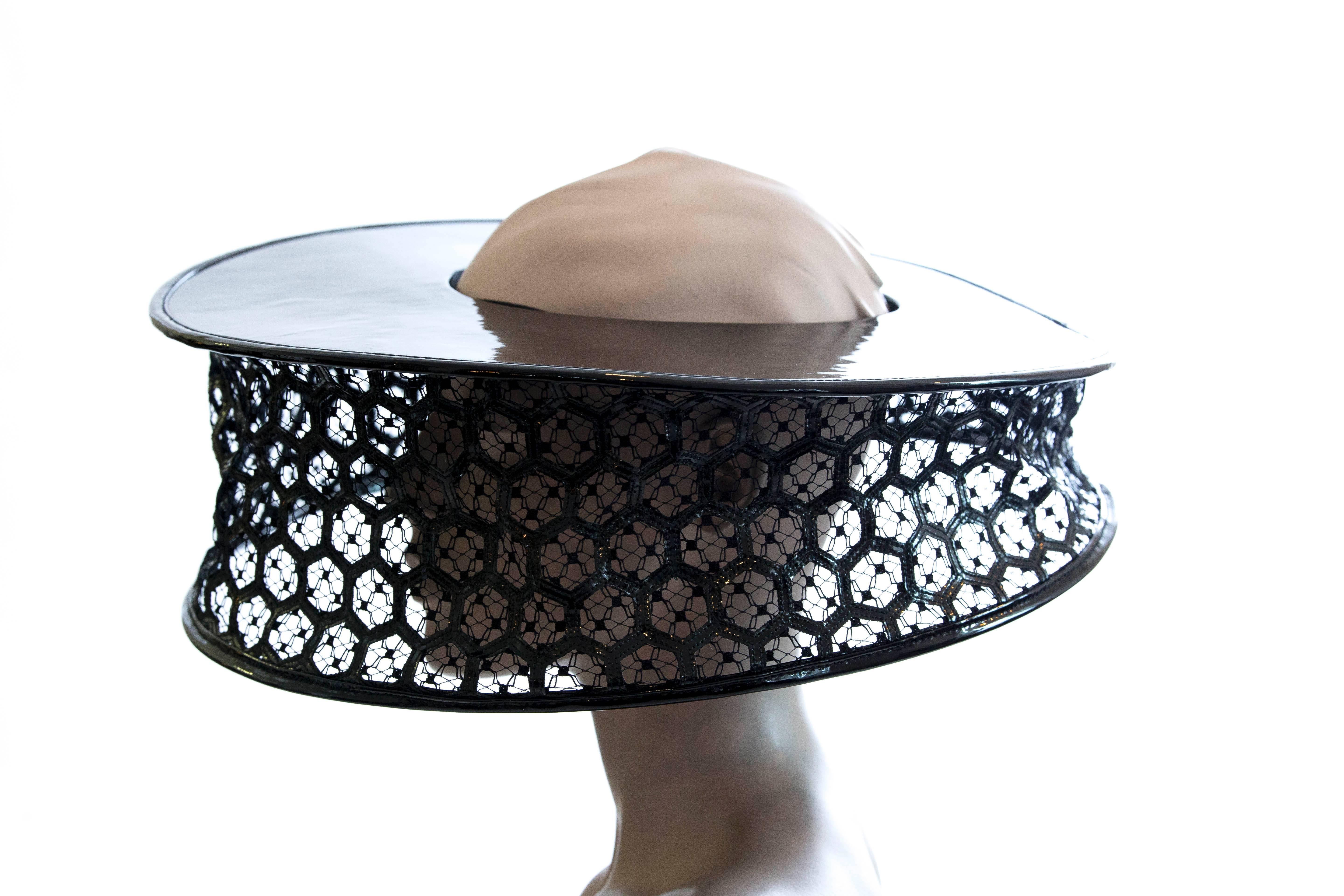 Alexander McQueen Black Patent Leather Honeycomb Hat Spring 2013 2