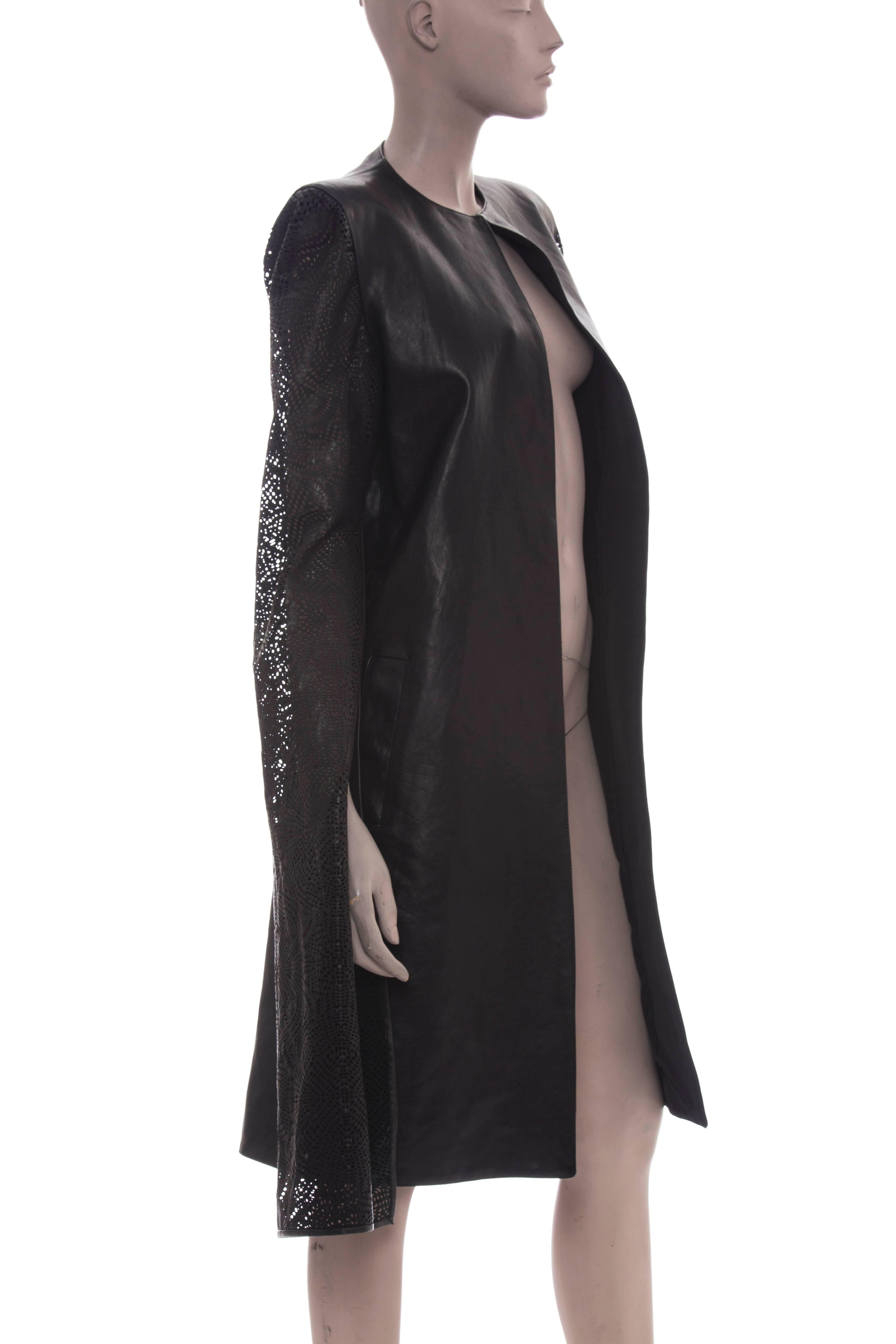 Gareth Pugh Black Leather Coat With Laser Cut Sleeves, Spring - Summer 2013 In Excellent Condition In Cincinnati, OH