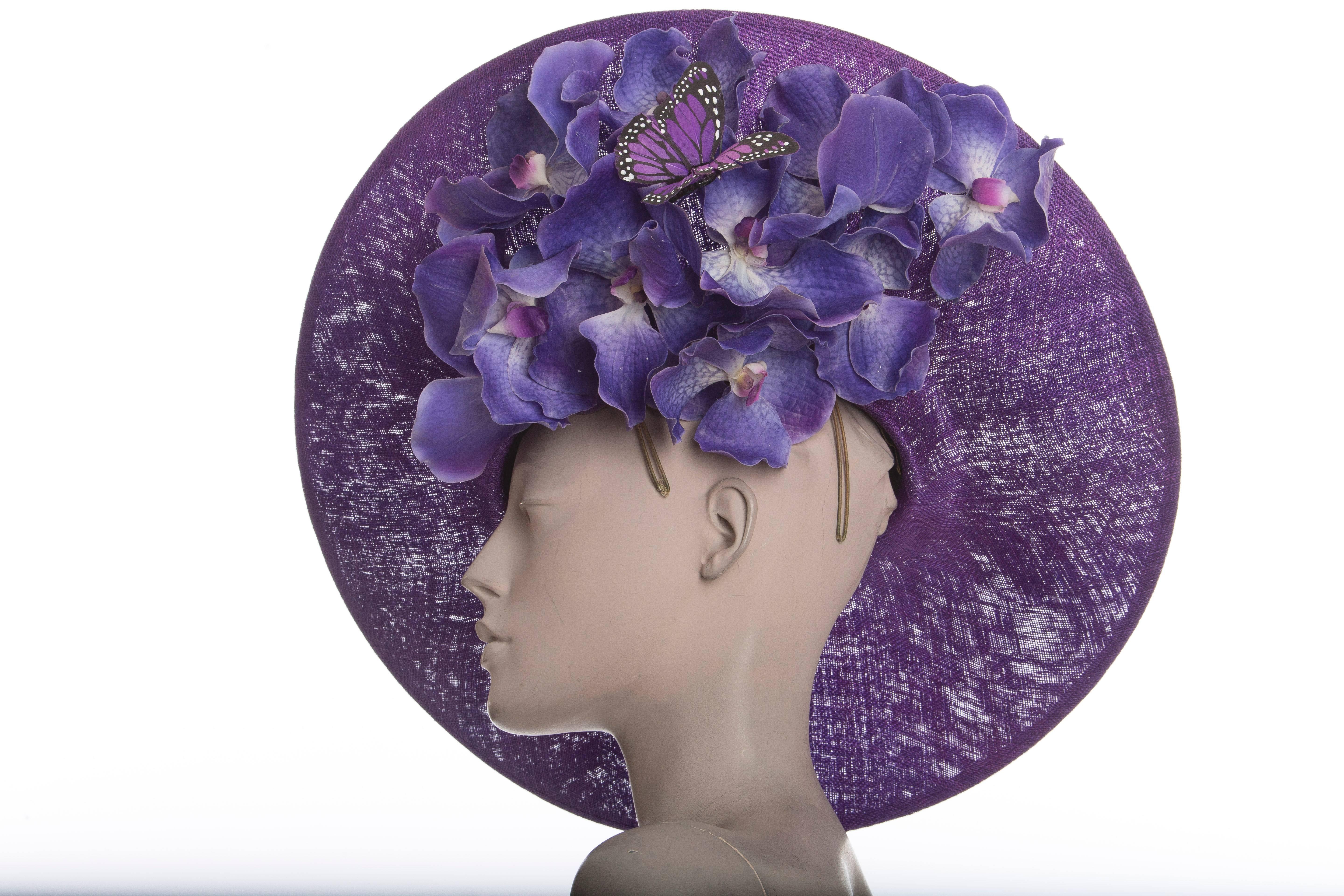 Philip Treacy, circa 2012, sinamay side slice hat with orchids and butterfly from the 