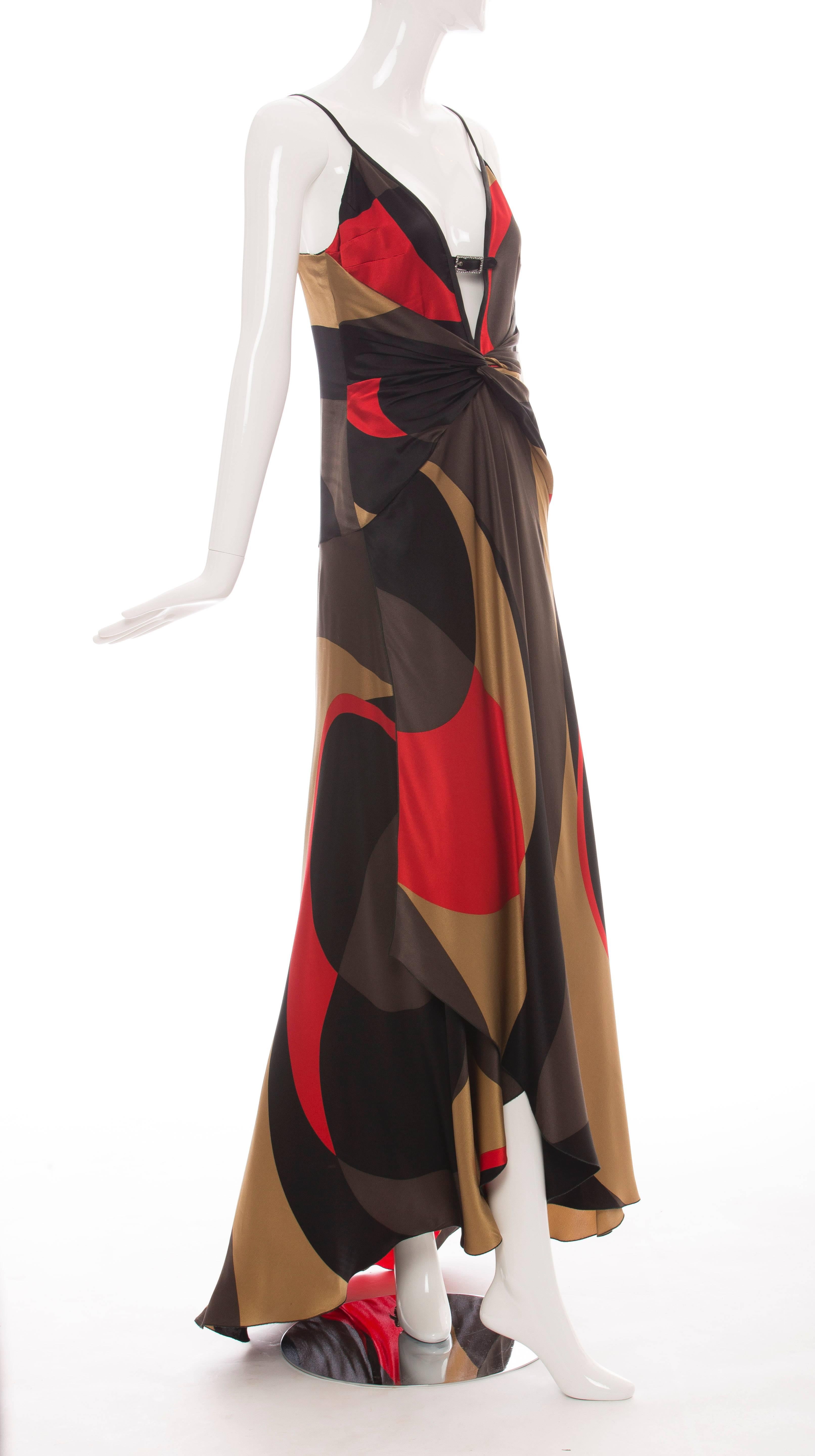 Valentino silk black red gold brown graphic evening dress with invisible back zip and hook-and-eye closure.

US. 6

Bust 32