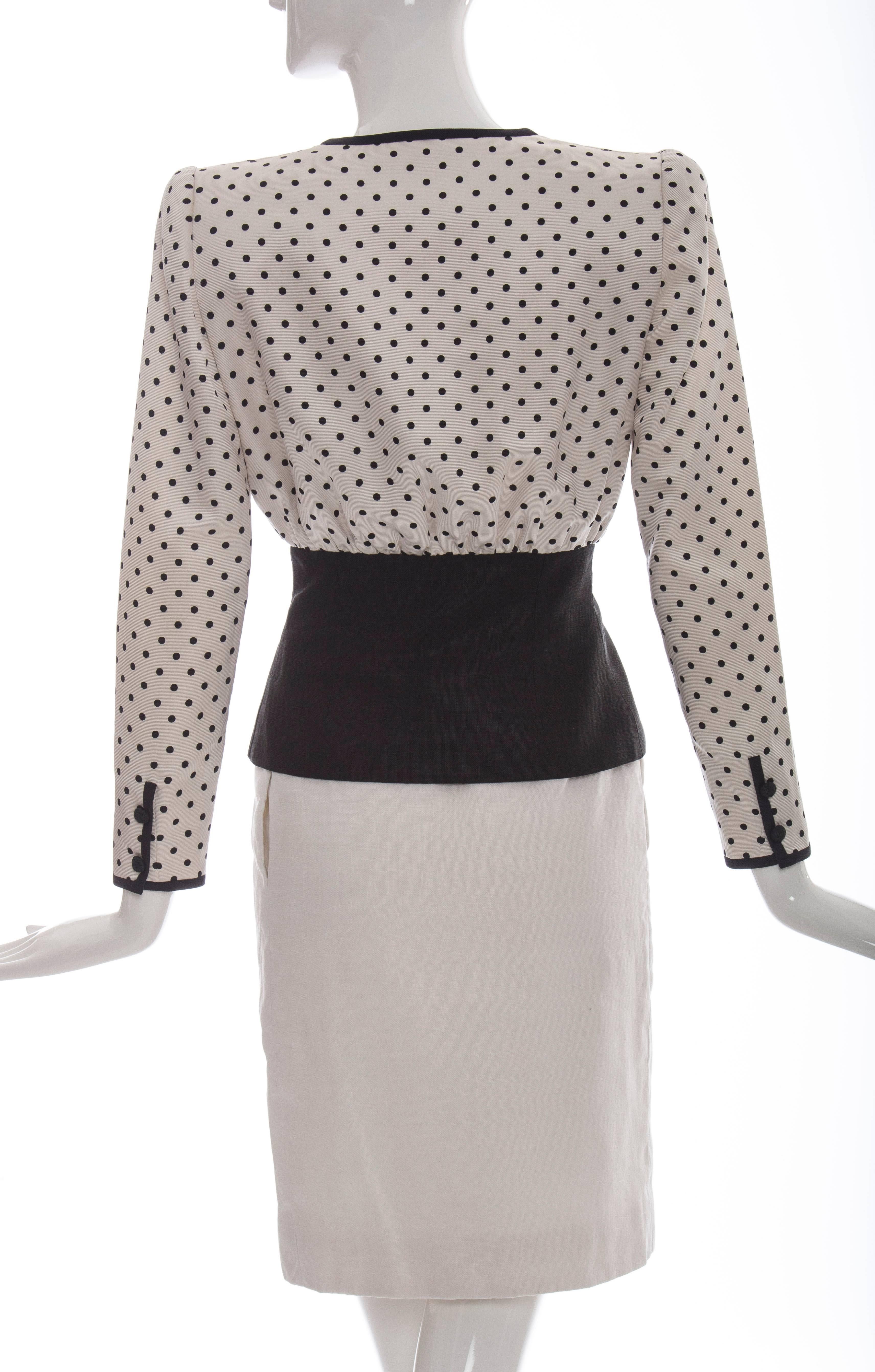 Gray Valentino Haute Couture Polka Dot Silk Faille & Linen Skirt Suit, Circa: 1980's For Sale