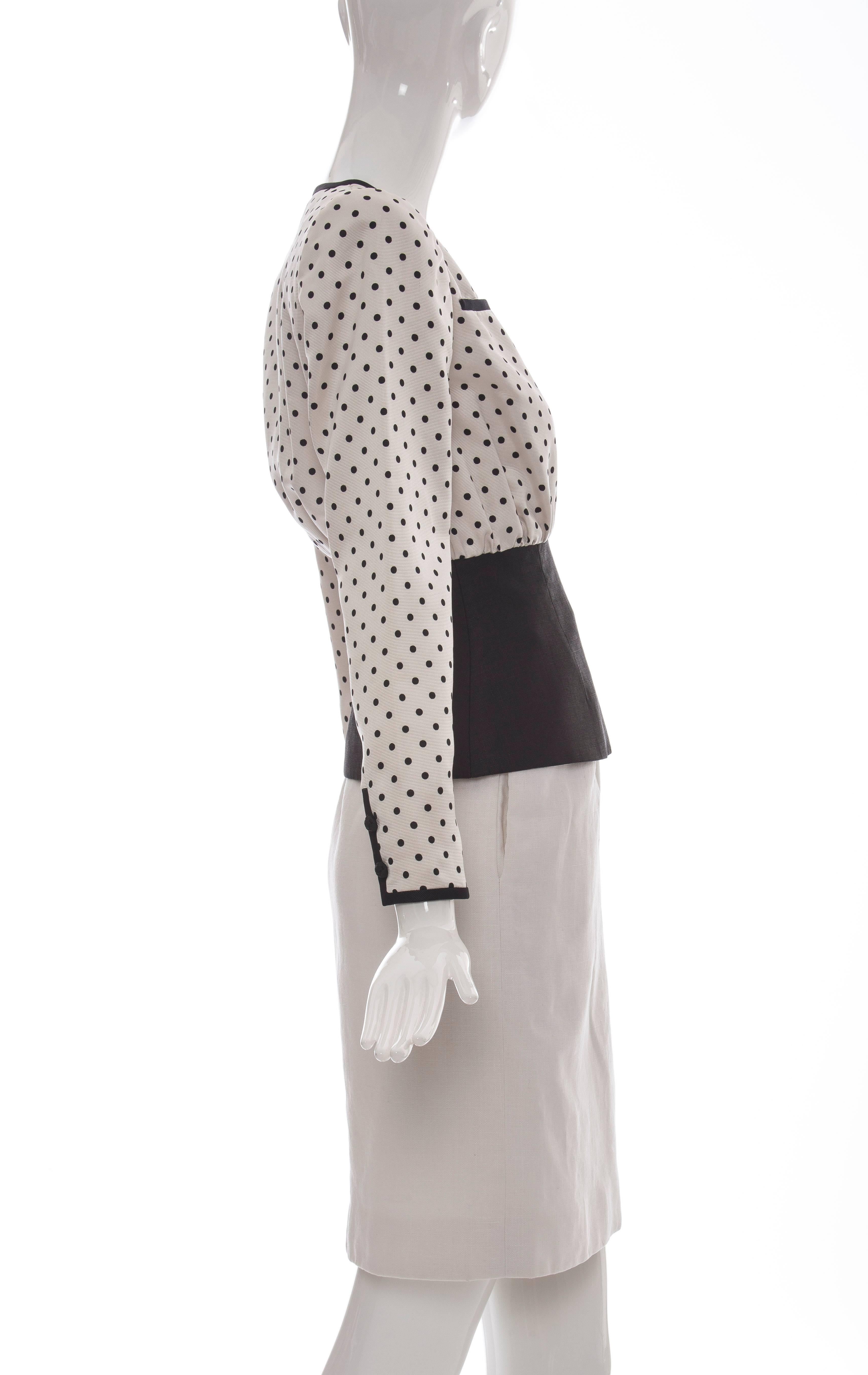 Valentino Haute Couture Polka Dot Silk Faille & Linen Skirt Suit, Circa: 1980's In Excellent Condition For Sale In Cincinnati, OH