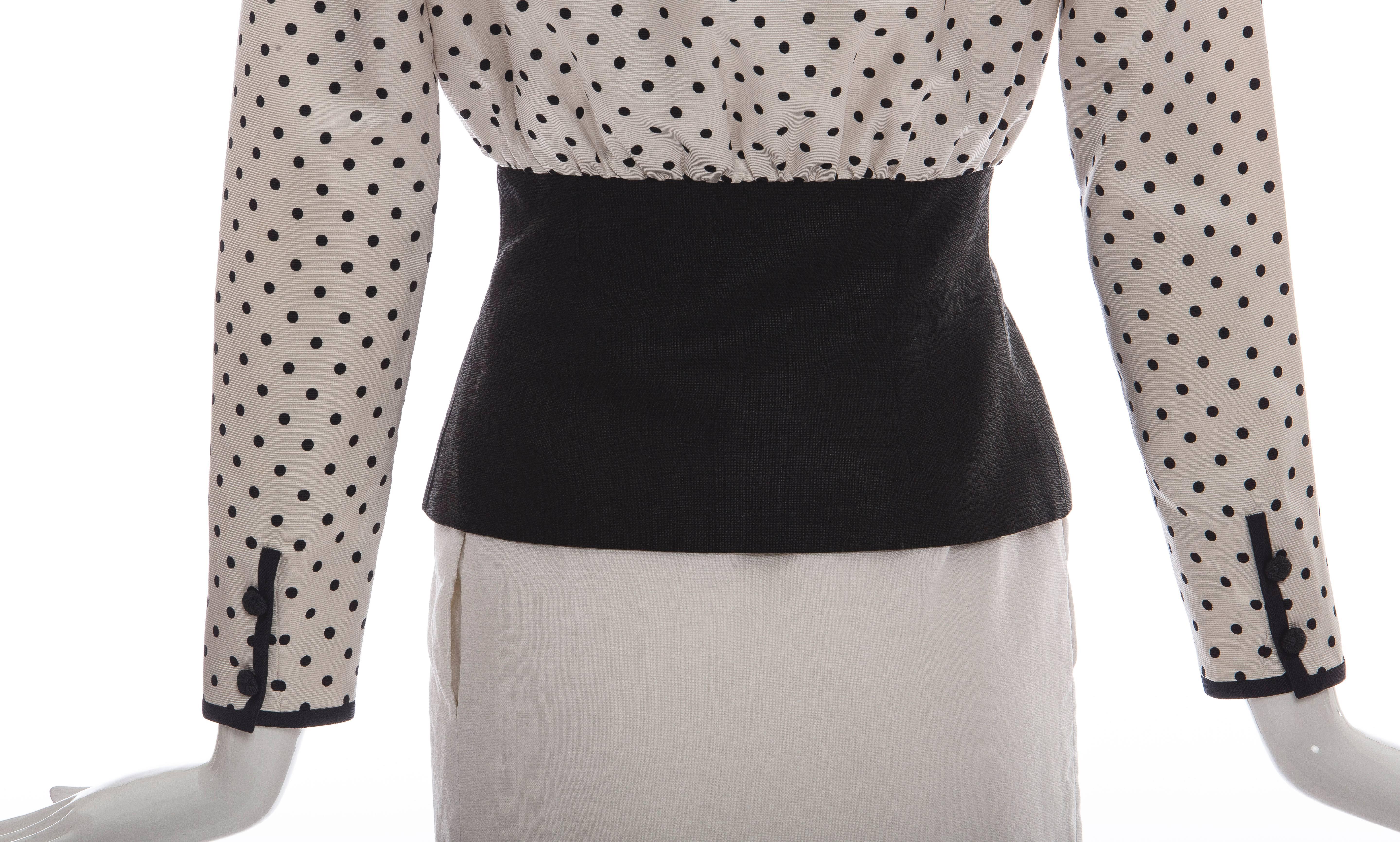 Women's Valentino Haute Couture Polka Dot Silk Faille & Linen Skirt Suit, Circa: 1980's For Sale