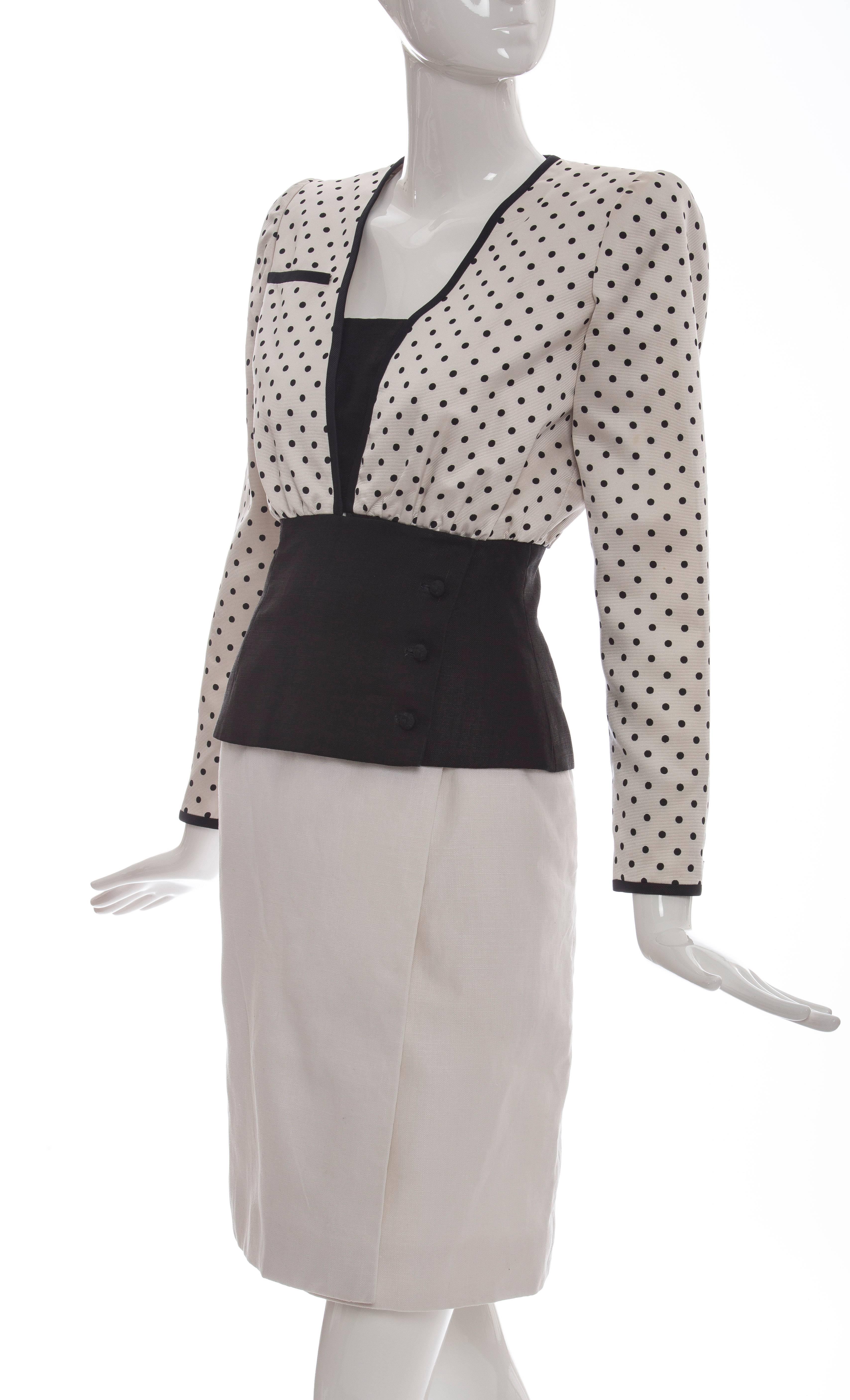 Valentino Haute Couture Polka Dot Silk Faille & Linen Skirt Suit, Circa: 1980's For Sale 1