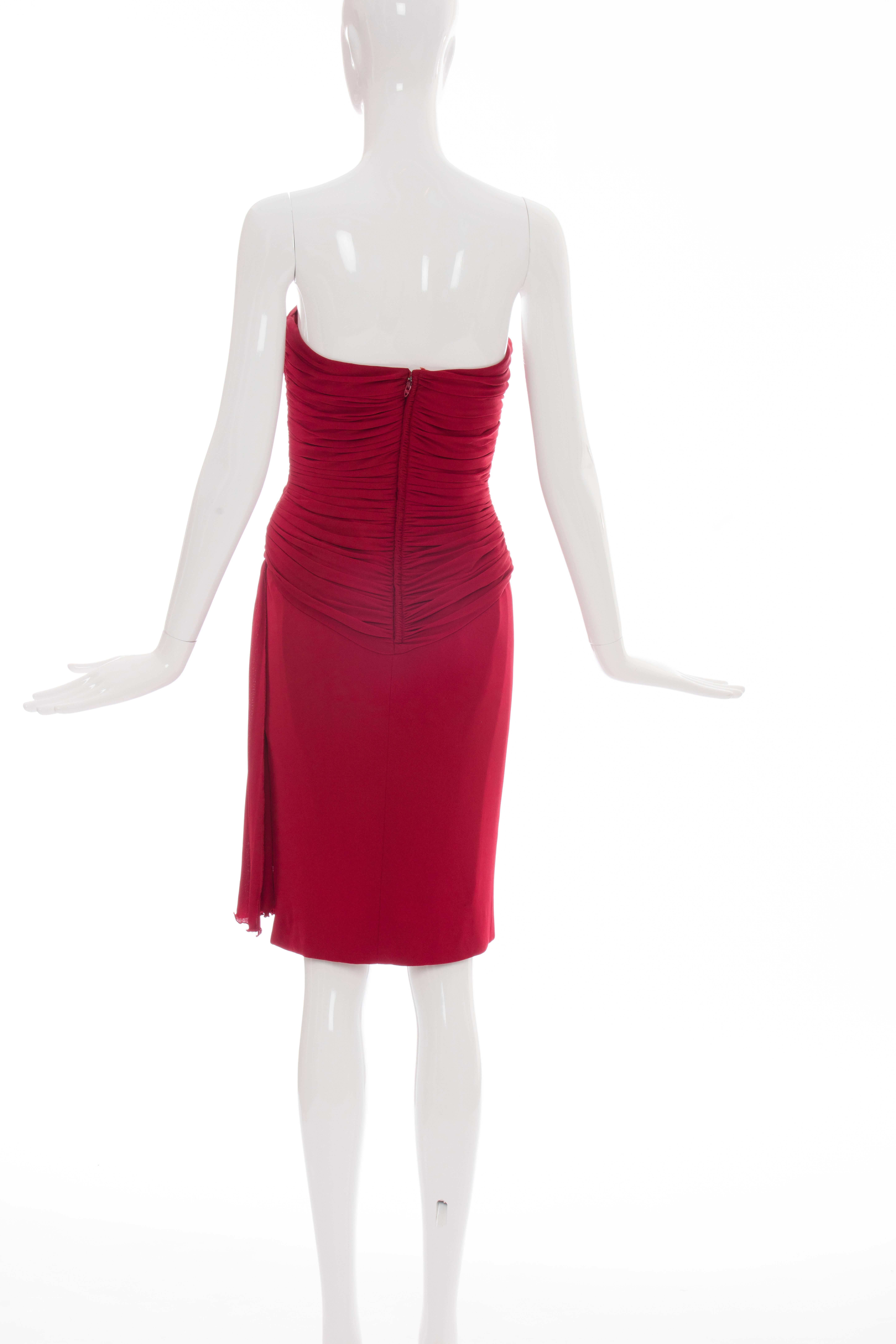 Vicky Tiel Couture Red Strapless Dress With Ruched Bodice, Circa 1980's In Good Condition For Sale In Cincinnati, OH