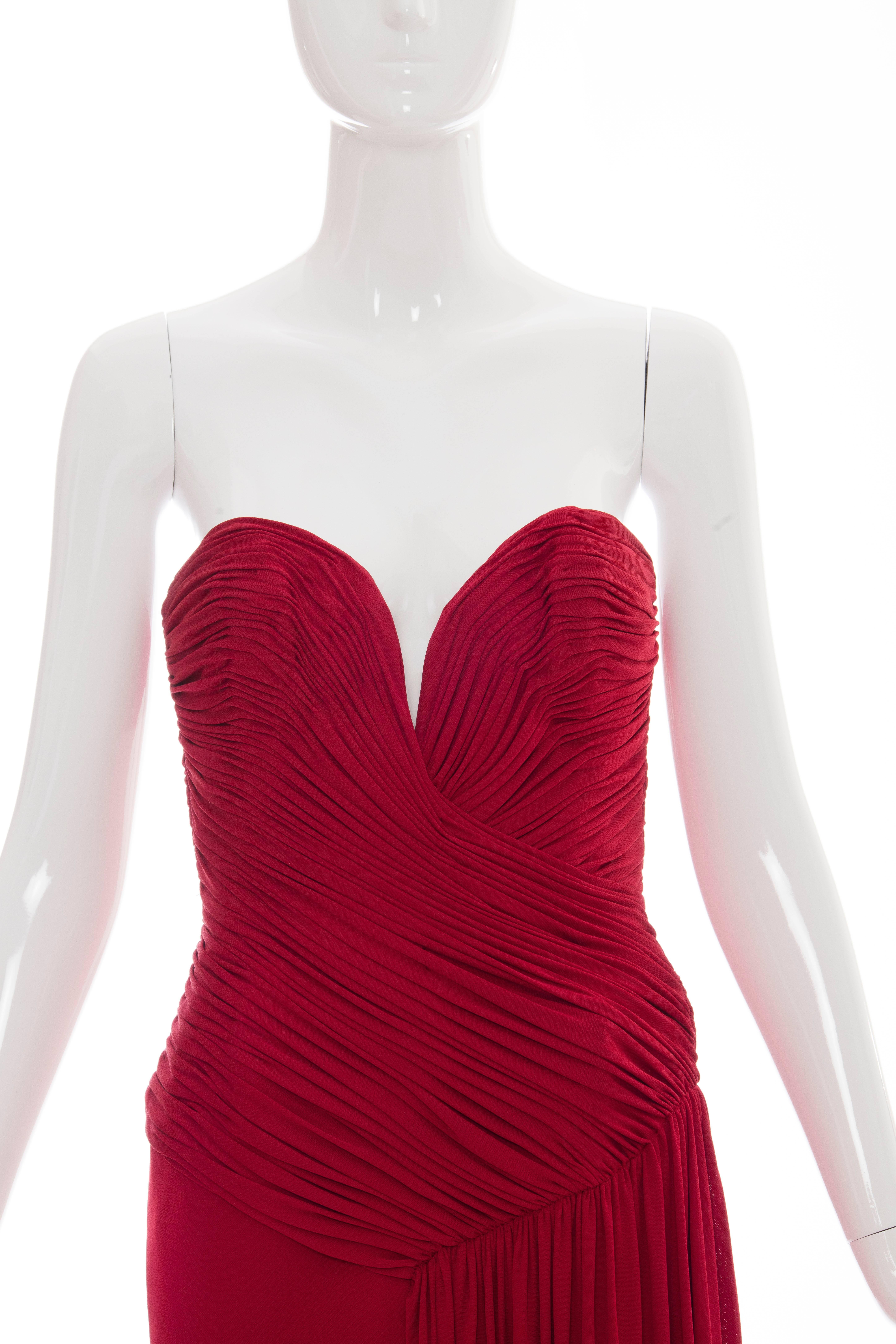 Vicky Tiel Couture Red Strapless Dress With Ruched Bodice, Circa 1980's For Sale 2
