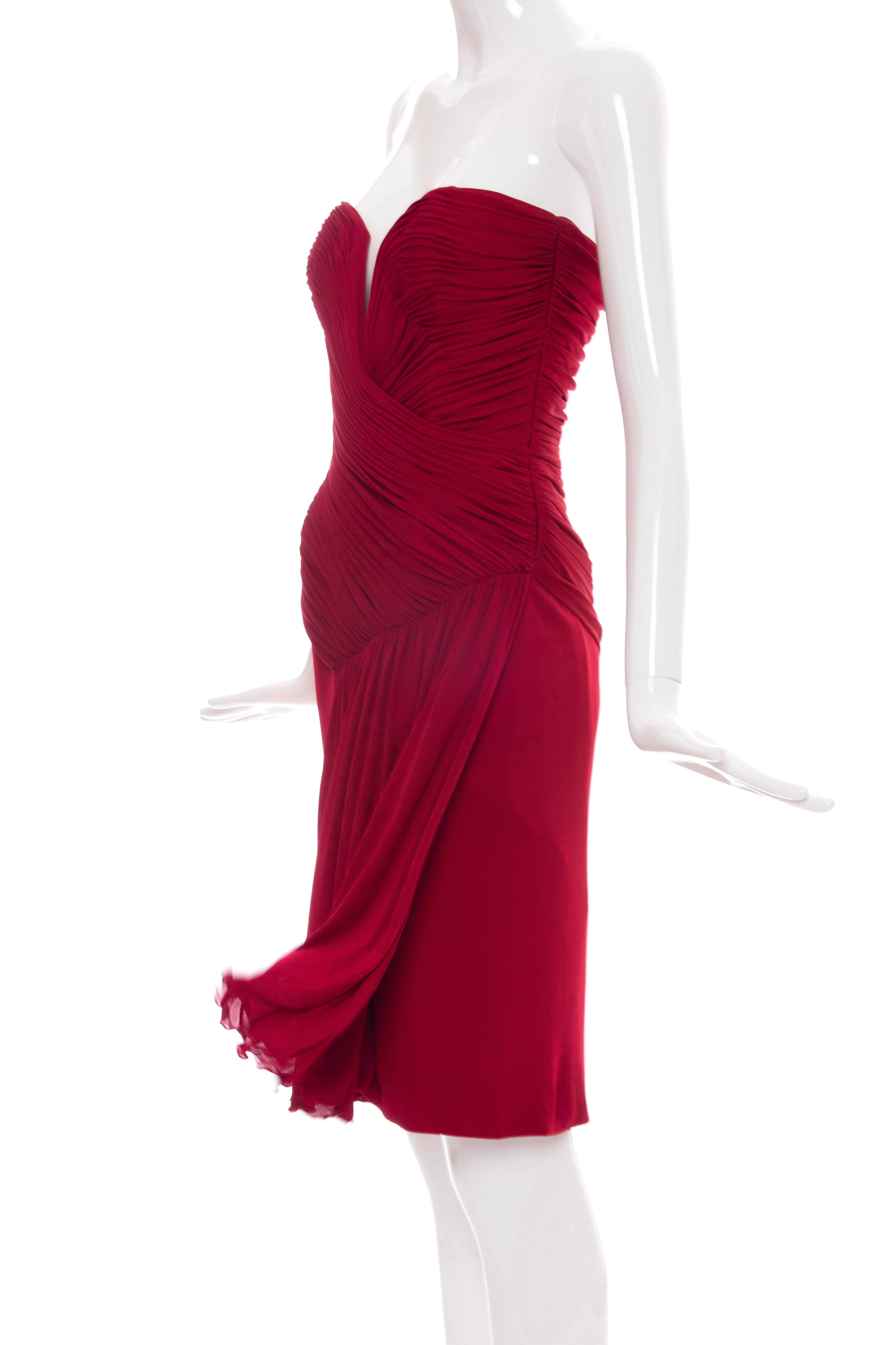 Vicky Tiel Couture Red Strapless Dress With Ruched Bodice, Circa 1980's For Sale 3
