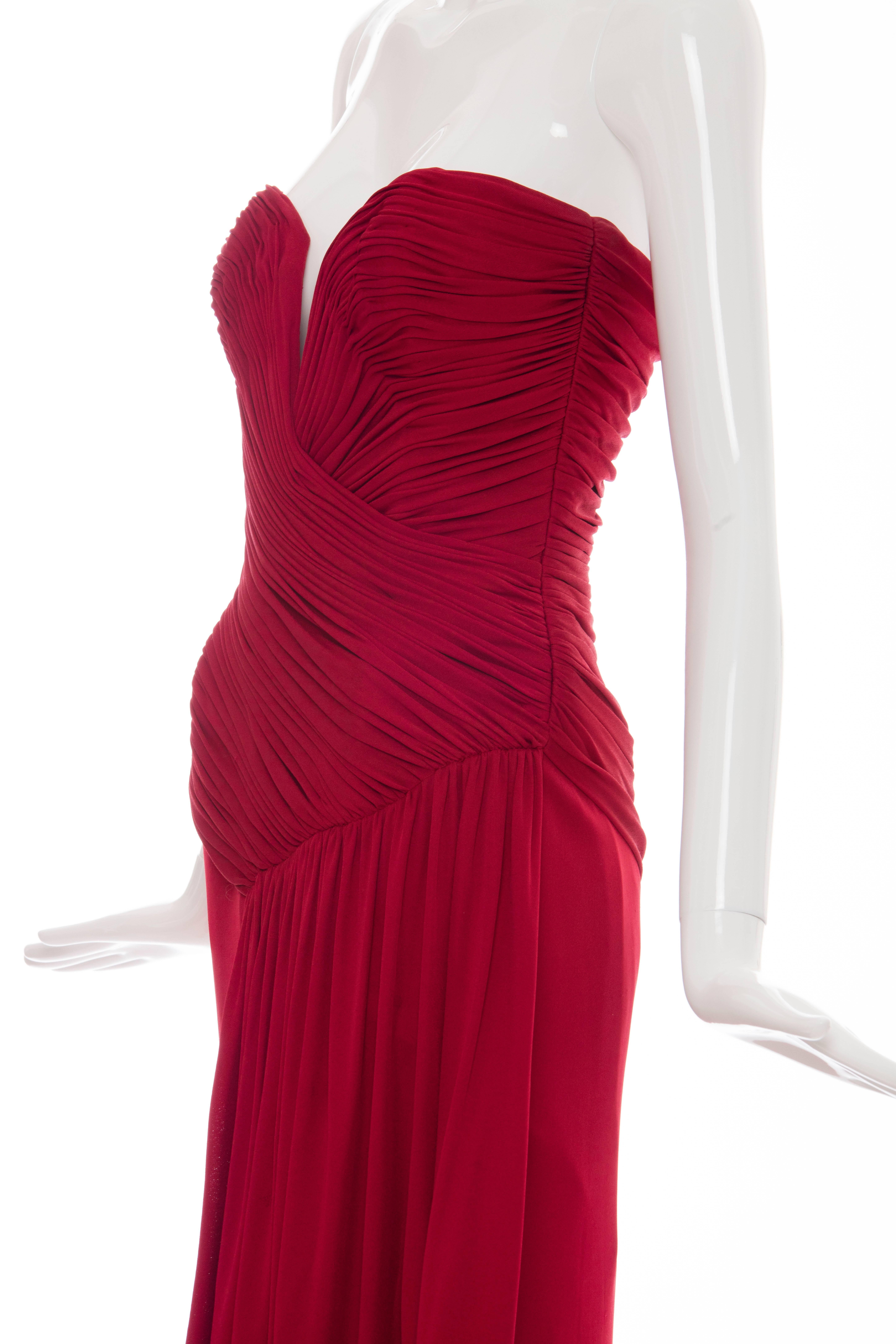 Vicky Tiel Couture Red Strapless Dress With Ruched Bodice, Circa 1980's For Sale 5