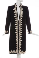 Oscar De la Renta Black Wool Cream Embroidered Open Front Coat, Fall 2001