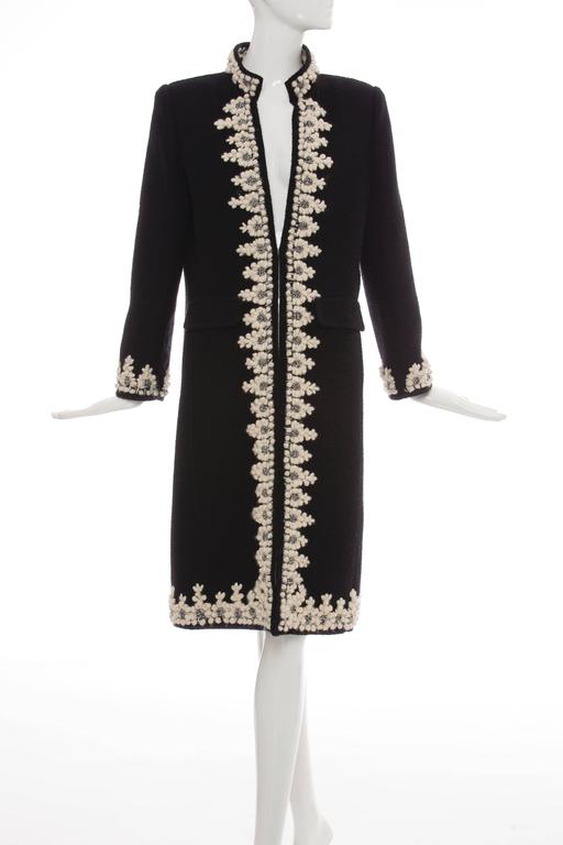 Oscar De la Renta Black Wool Cream Embroidered Open Front Coat, Fall ...