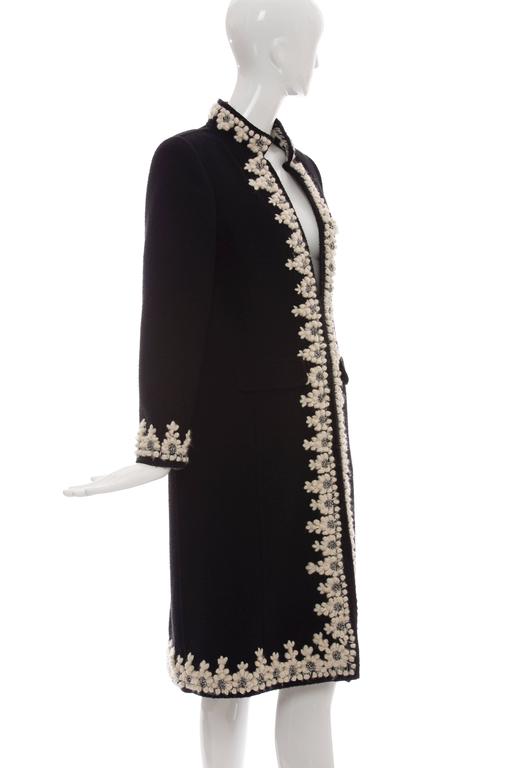 Oscar De la Renta Black Wool Cream Embroidered Open Front Coat, Fall ...