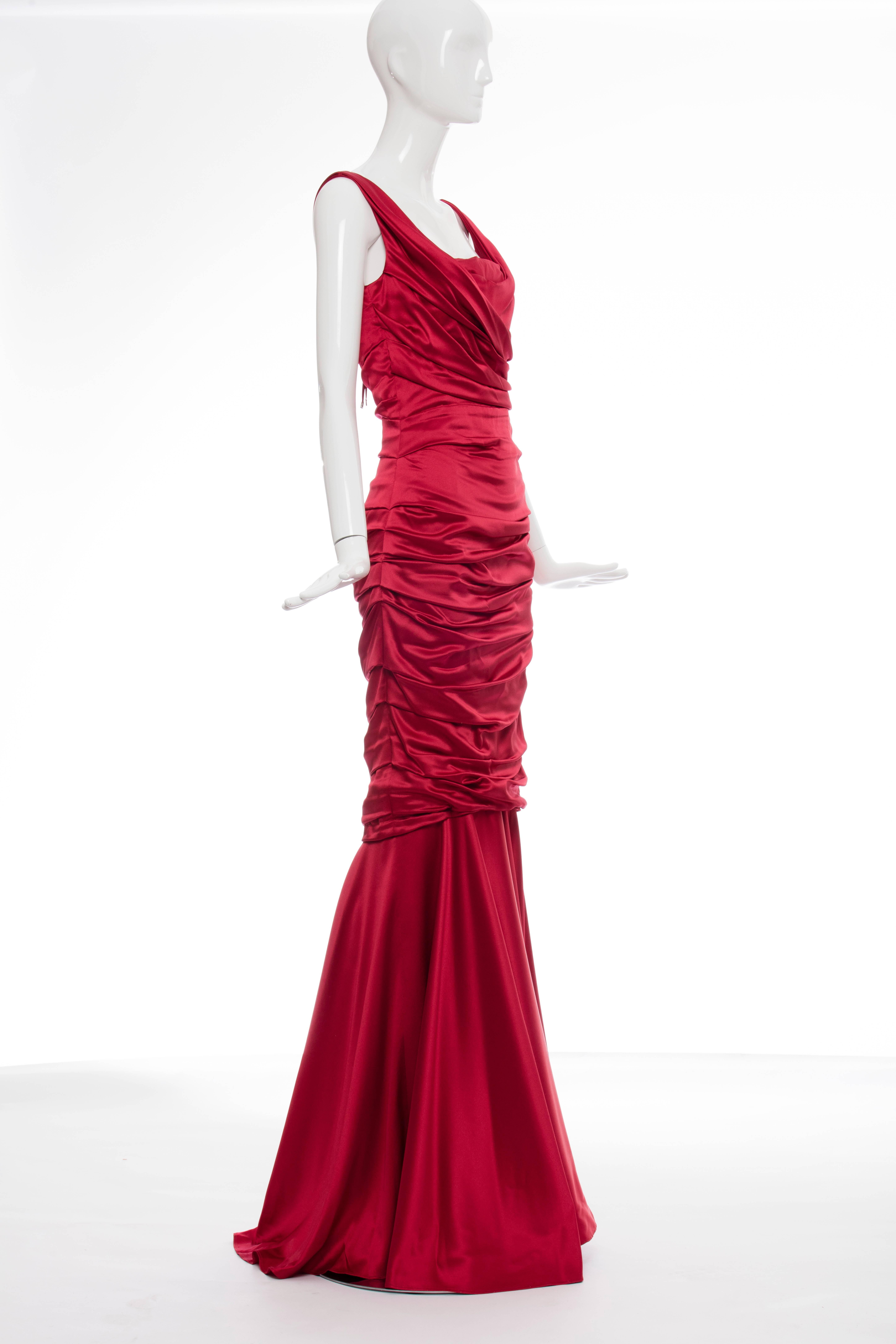 Dolce & Gabbana red silk evening dress with ruched bodice and back zip.