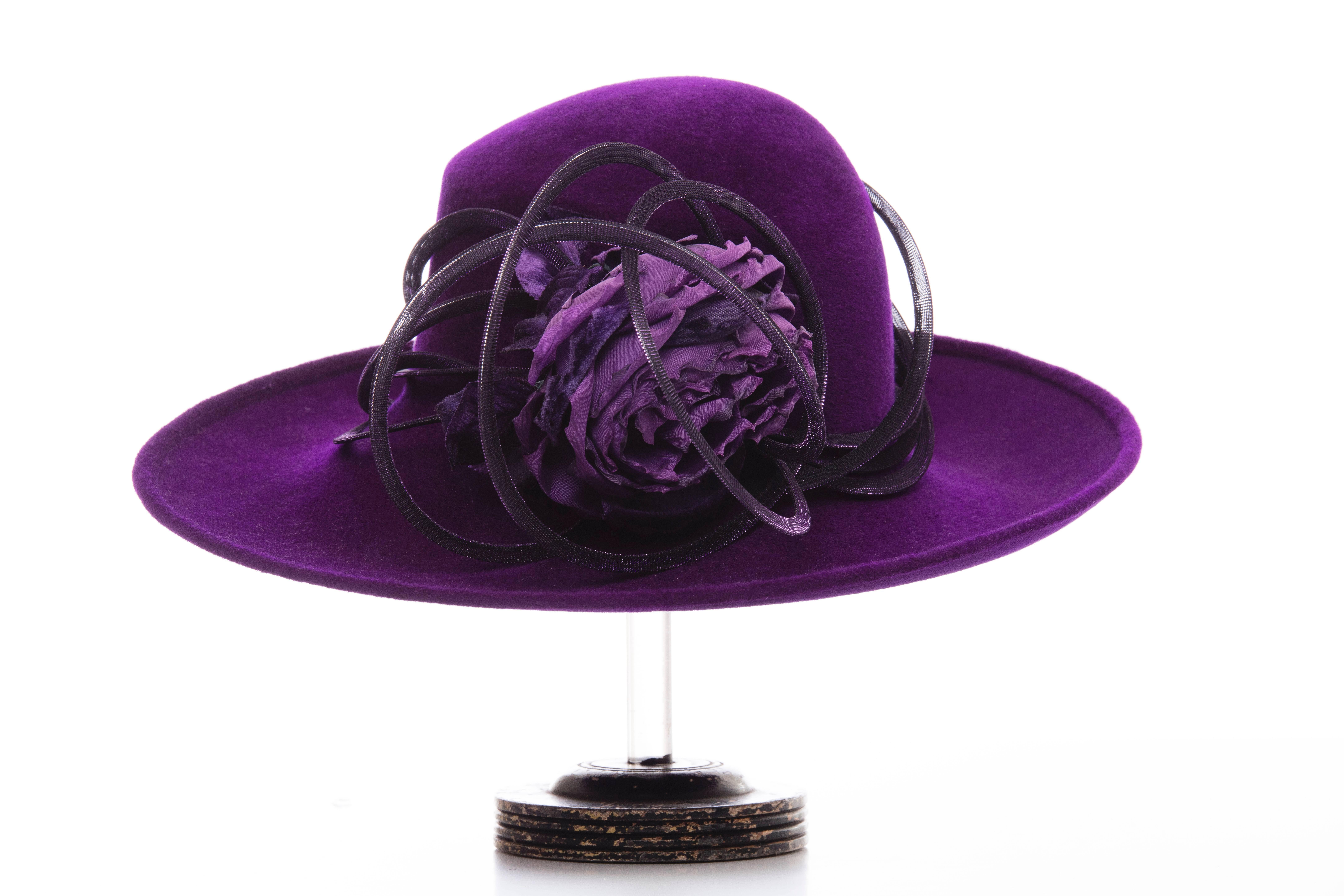 Philip Treacy wool derby hat with metallic mesh accents and oversize floral adornment. Includes box.

Circumference 23”, Brim 6”