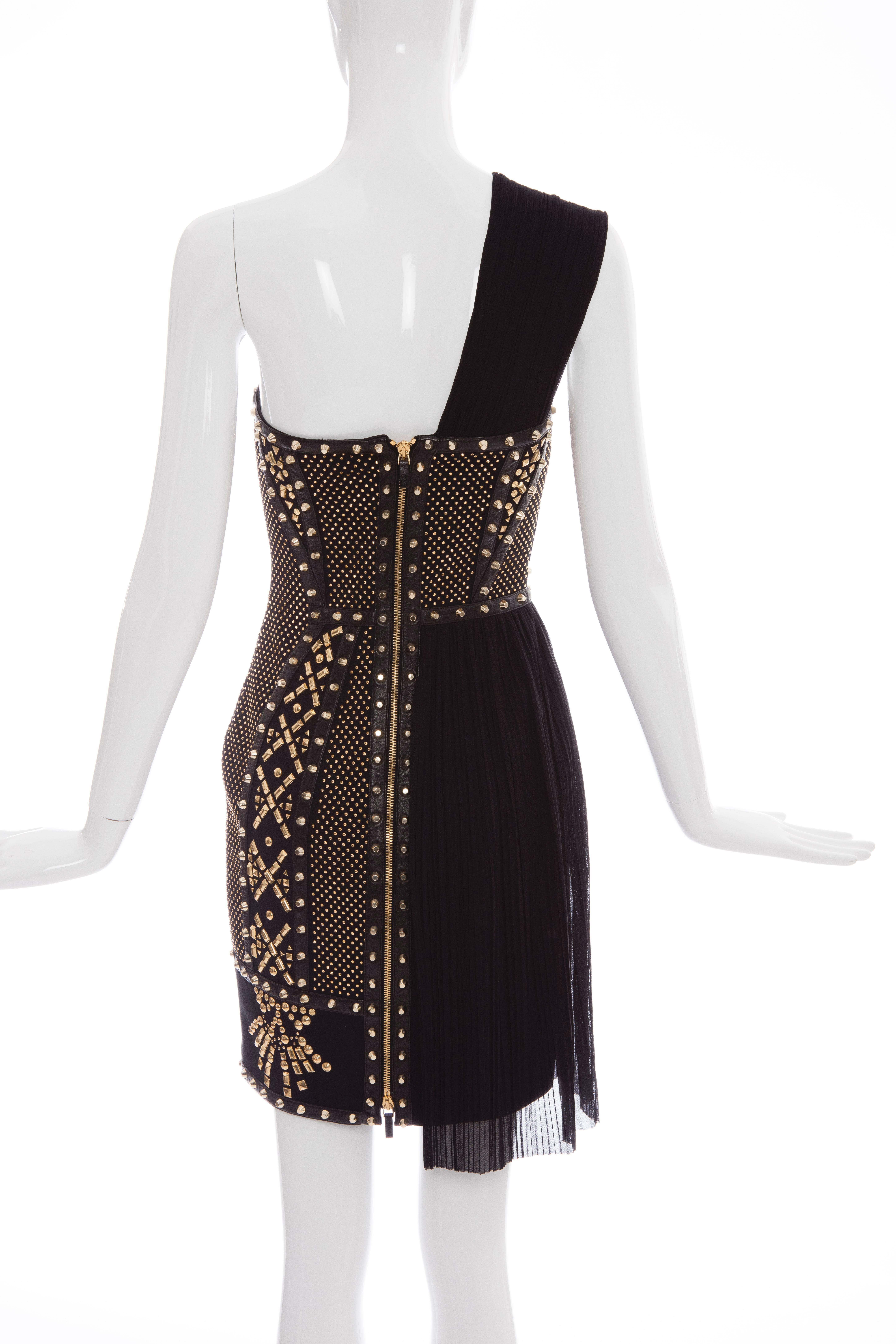 Versace Geometric Studded Dress with Leather Trim, Spring 2012 In Excellent Condition In Cincinnati, OH