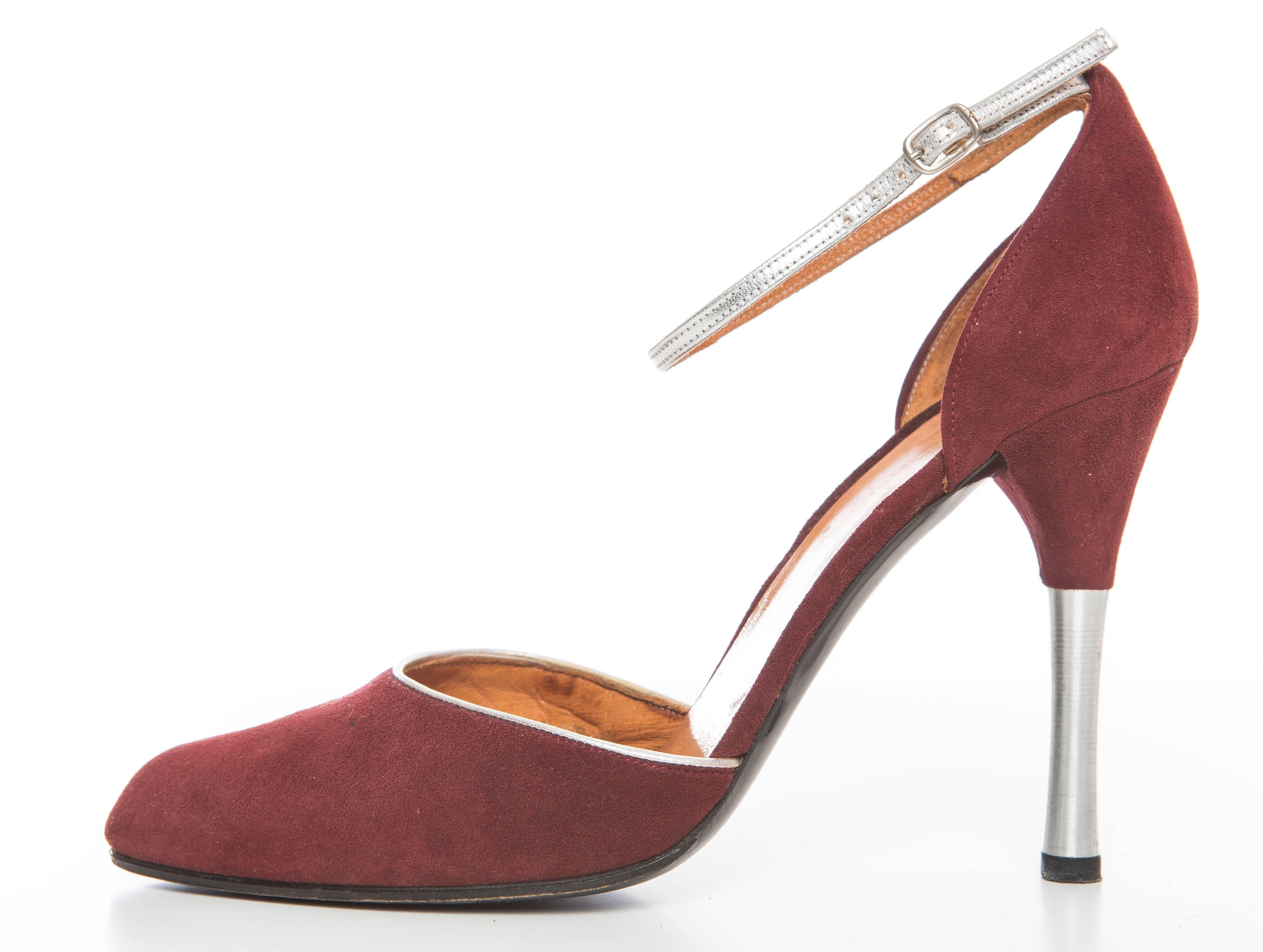 Charles Jourdan, circa 1980's suede pump with silver leather trim.