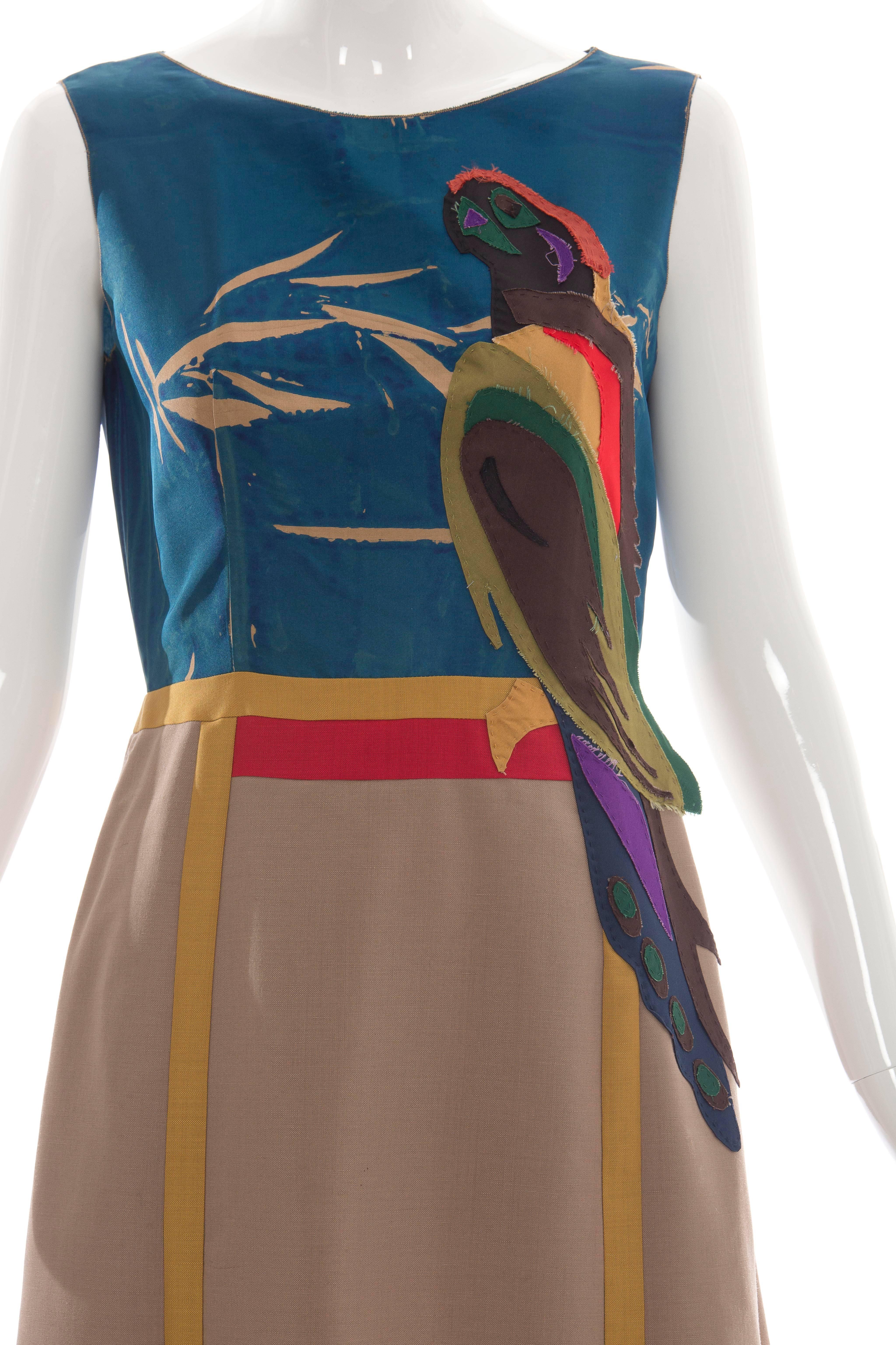 Brown Prada Sleeveless Silk Dress With Applique Parrot Motif, Spring 2005