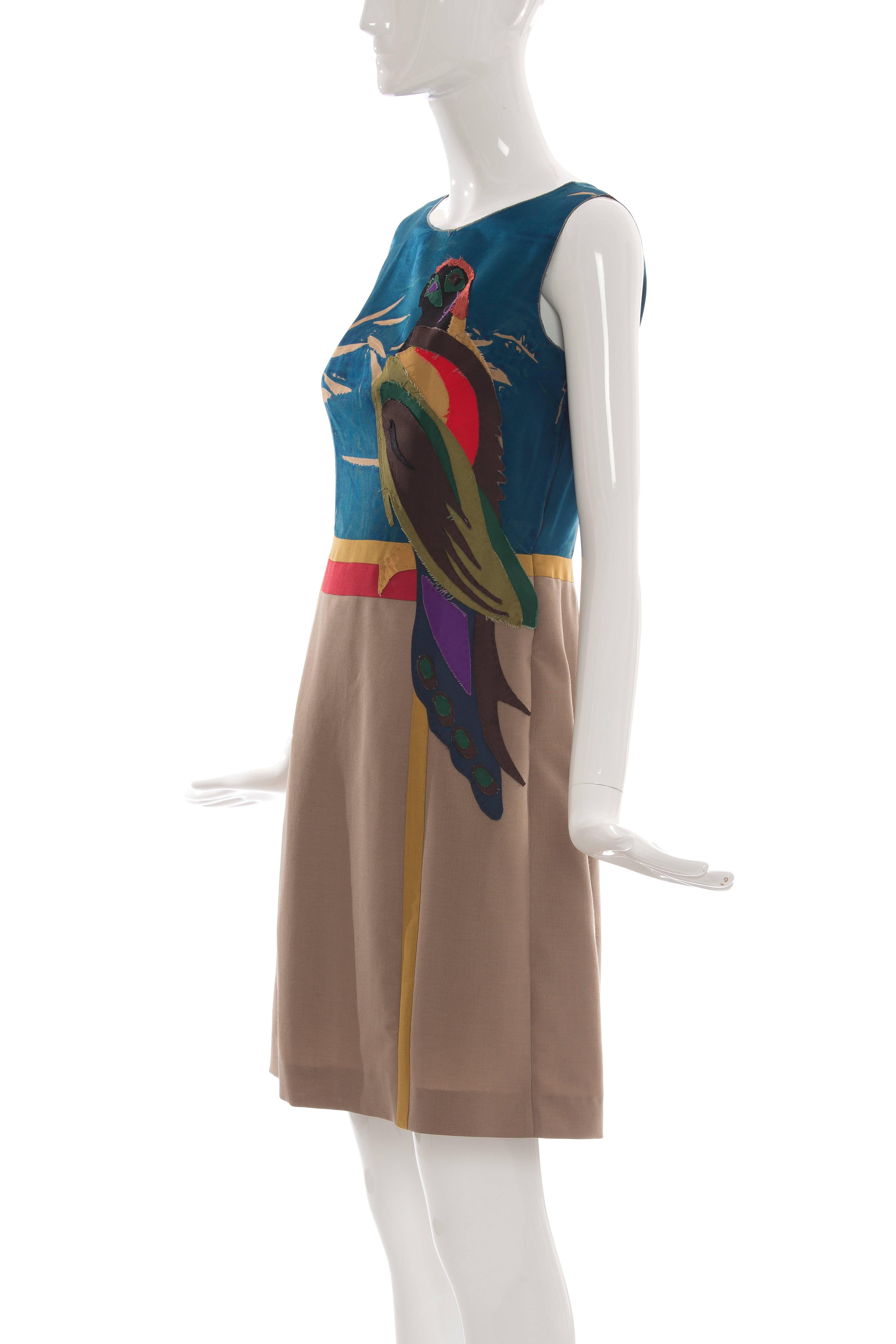 Prada Sleeveless Silk Dress With Applique Parrot Motif, Spring 2005 In Excellent Condition In Cincinnati, OH