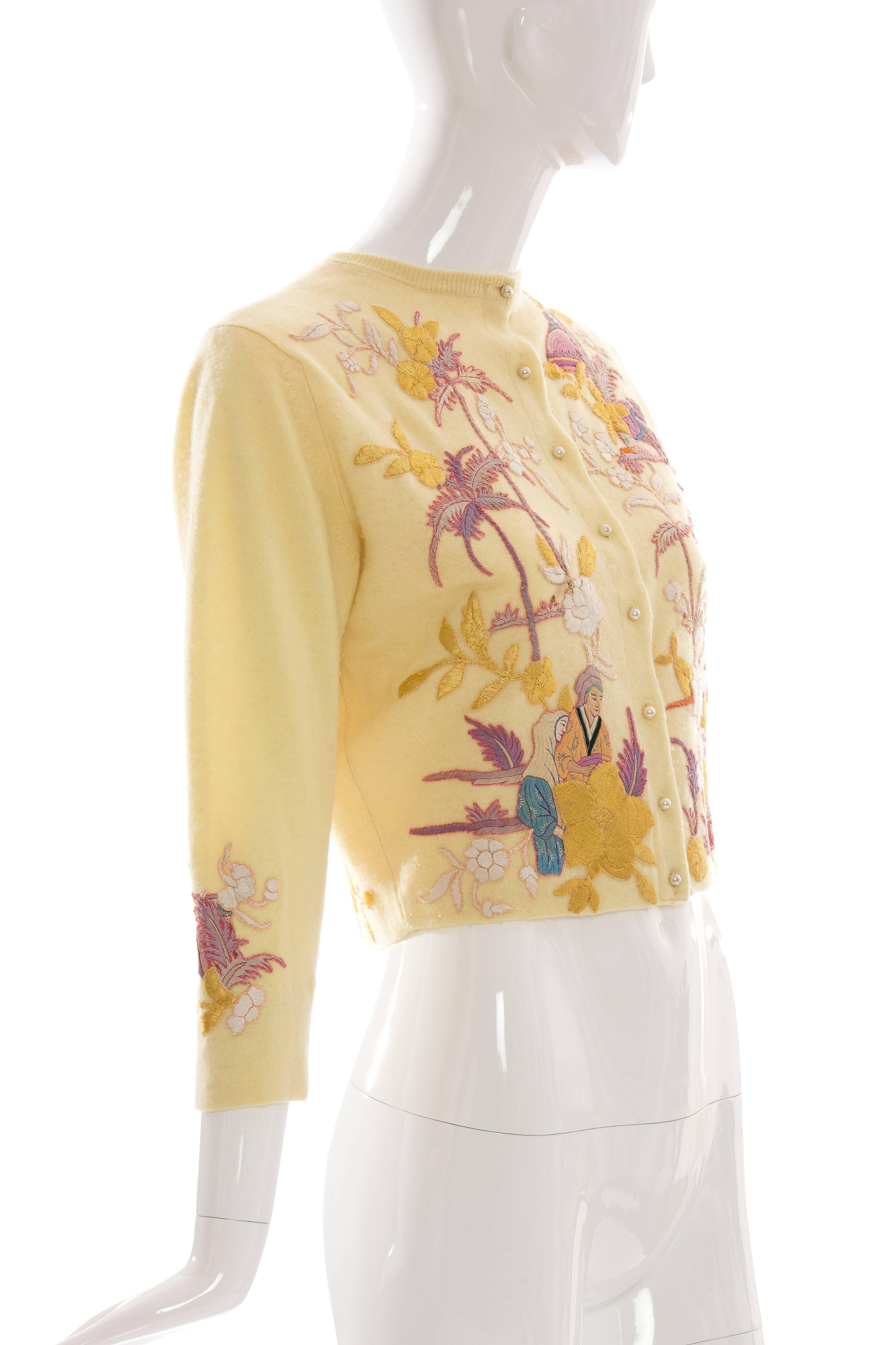 Helen Bond Carruthers, circa 1950's, yellow cashmere appllique cardigan, pearl front buttons and silk chiffon lining.